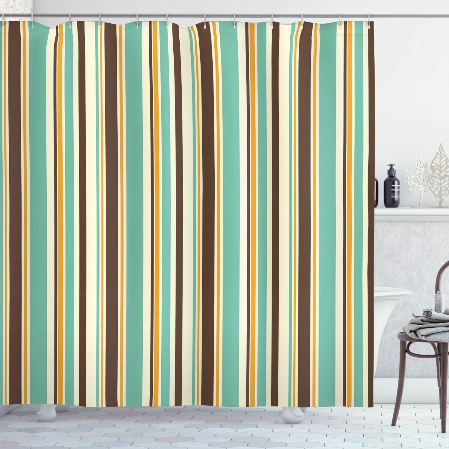 Ambesonne Striped Shower Curtain, Funk Art Nostalgic Lash Strokes with Earthen Tones Blow Fashion Graphic Print, Cloth Fabric Bathroom Decor Set with Hooks, 69" W x 70" L, Brown Teal