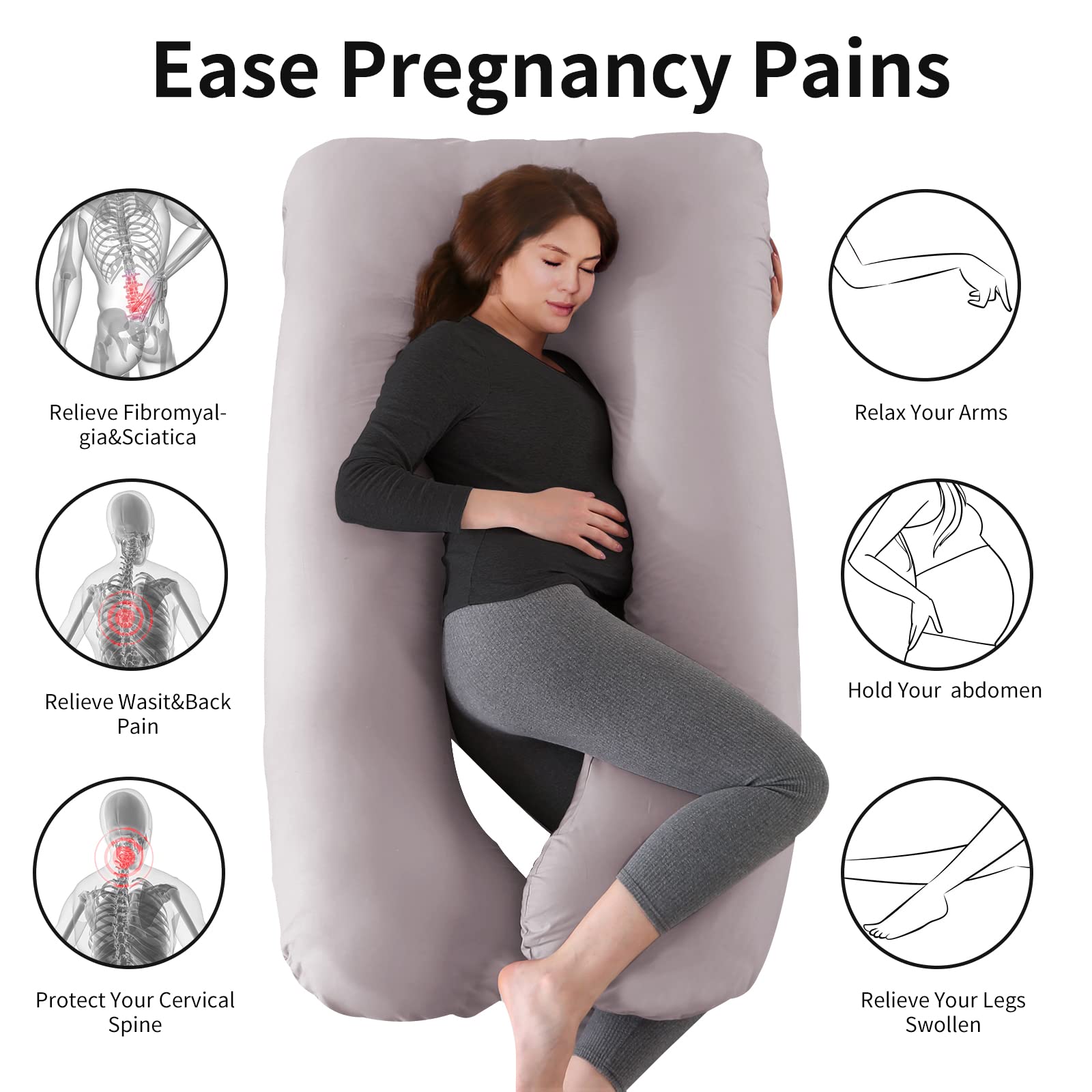 Coussin de Grossesse et d'allaitement, Coussin Femme Enceinte en Forme de U pour Dormir,Oreiller de Grossesse Coussin de Maternité avec Housse remplaçable et Lavable,100% Coton(Gris Clair)