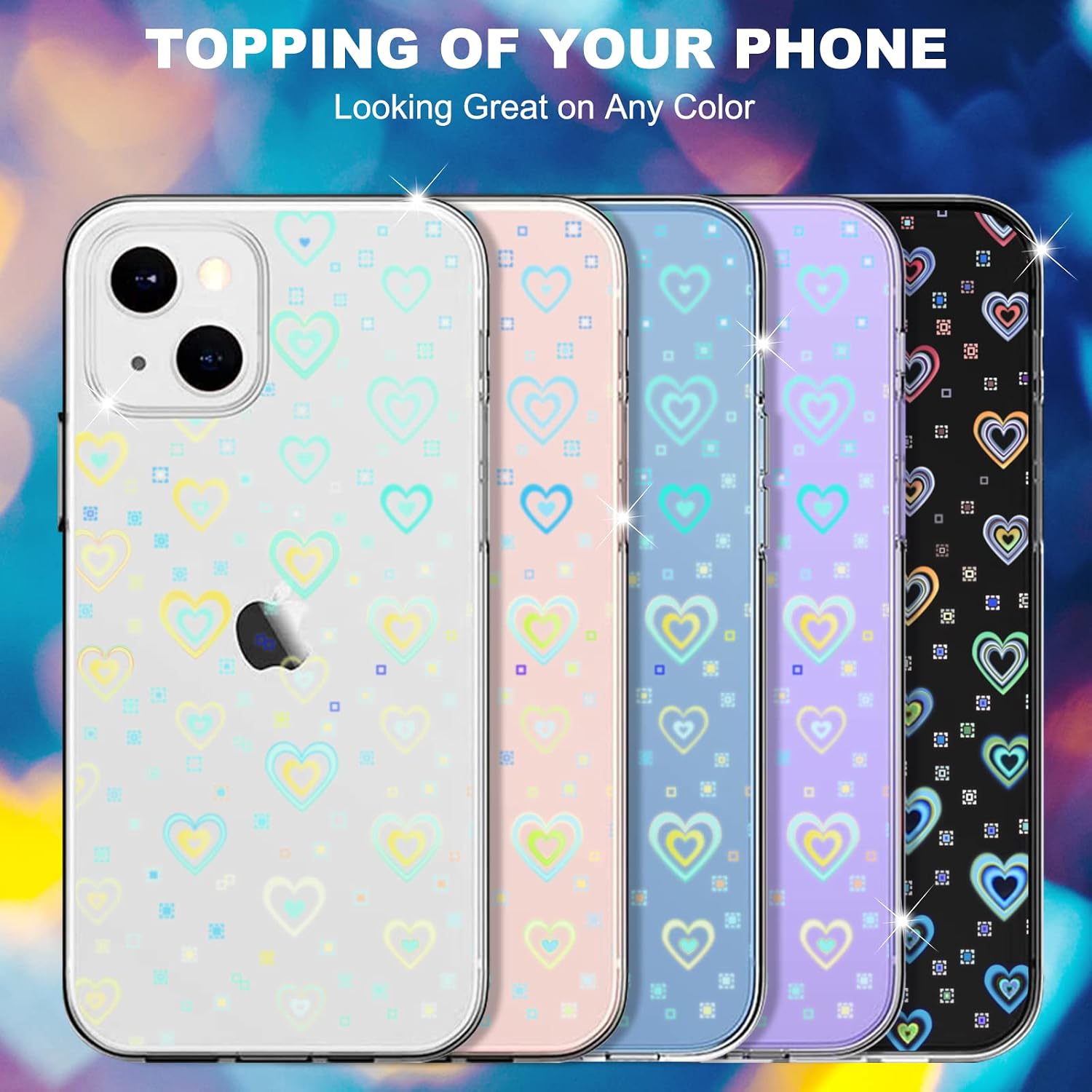 Jusy Compatible with iPhone 13 Pro Case, Holographic Love Heart Iridescent Clear Kawaii Phone Case, for Women Aesthetic Laser Bling Rainbow Cute iPhone Cover, Holo Reflective Case