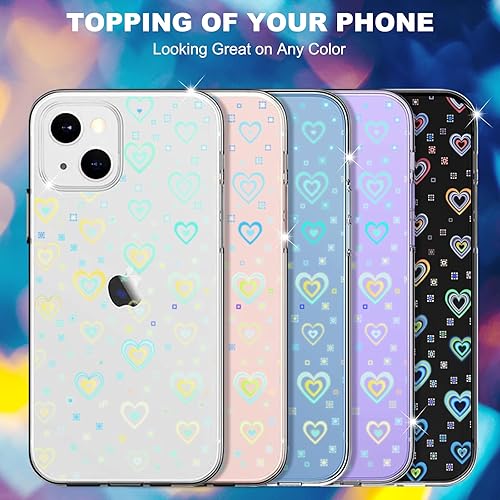 Miniatura 3 de Jusy Compatible con iPhone 13 Pro Max, funda holográfica de amor iridiscente transparente Kawaii para mujer, diseño de arco iris con láser estético,