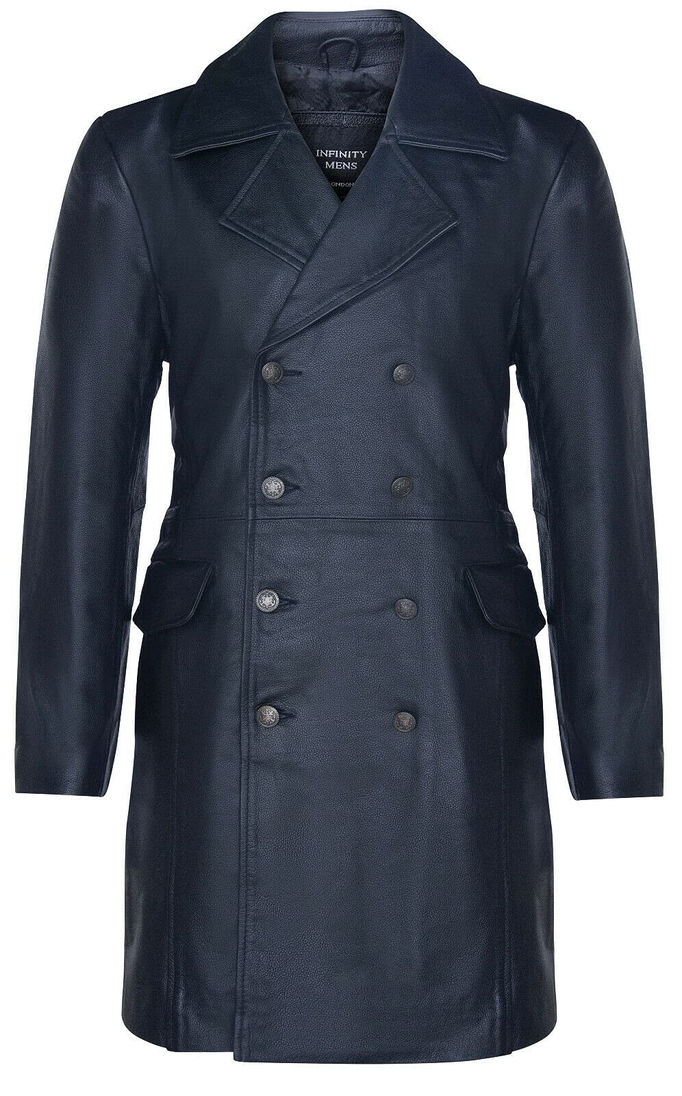 Men's General Long Black WW2 Military German Naval U-Boat Leather Trench Overcoat 5XL