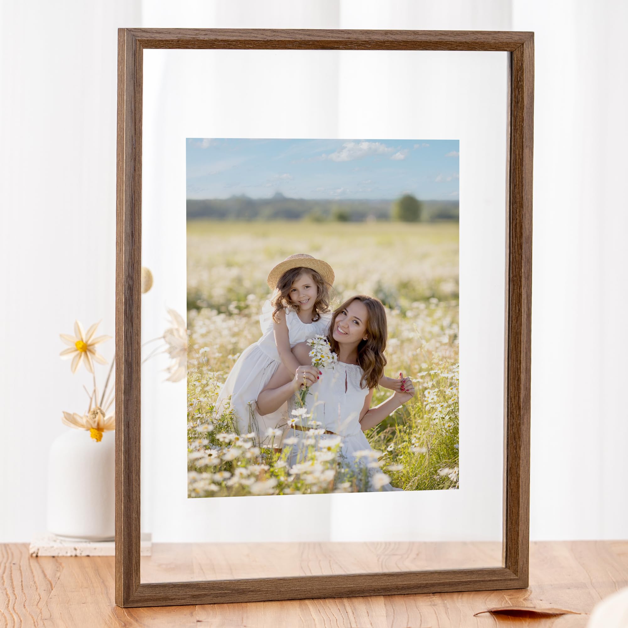 Axeman 12x16 floating picture frame | Solid Oak Wood Square Picture Frame | Double Tempered Glass Photo Frame 4x6 5x7 8x10 11x14 12''x16'' Wood Frame | Wall Mount or Tabletop Standing | Walnut