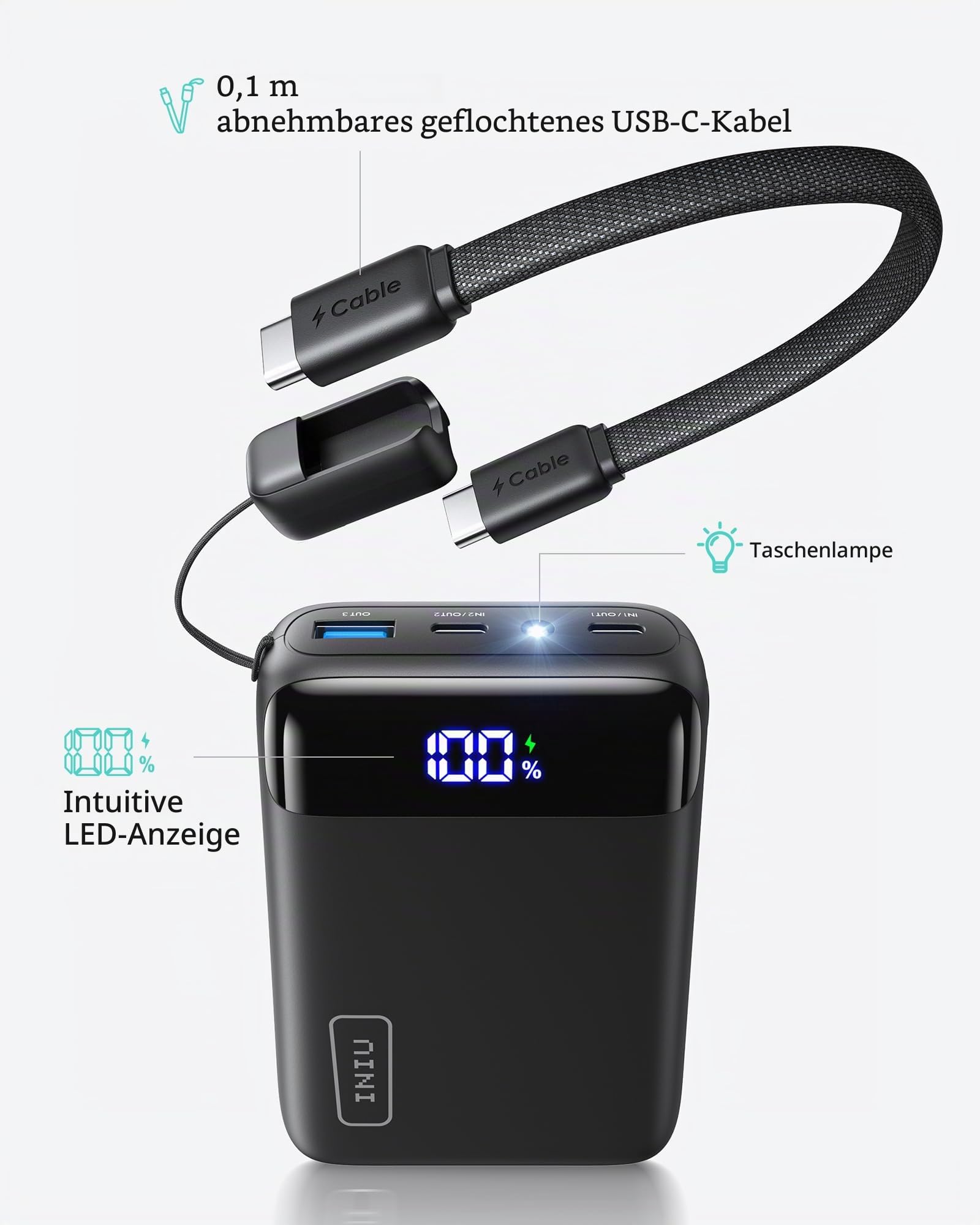 INIU Power Bank, Ultra Small 20000mAh 22.5W PD Portable Charger Fast Charging, USB C In&Out Battery Pack, Mobile Phone Portable Power Banks Compatible with iPhone 17 16 15 Samsung S22 Google iPad etc | Abnehmbares USB-C-Kabel, flugsicher, Reisezubehör, ex