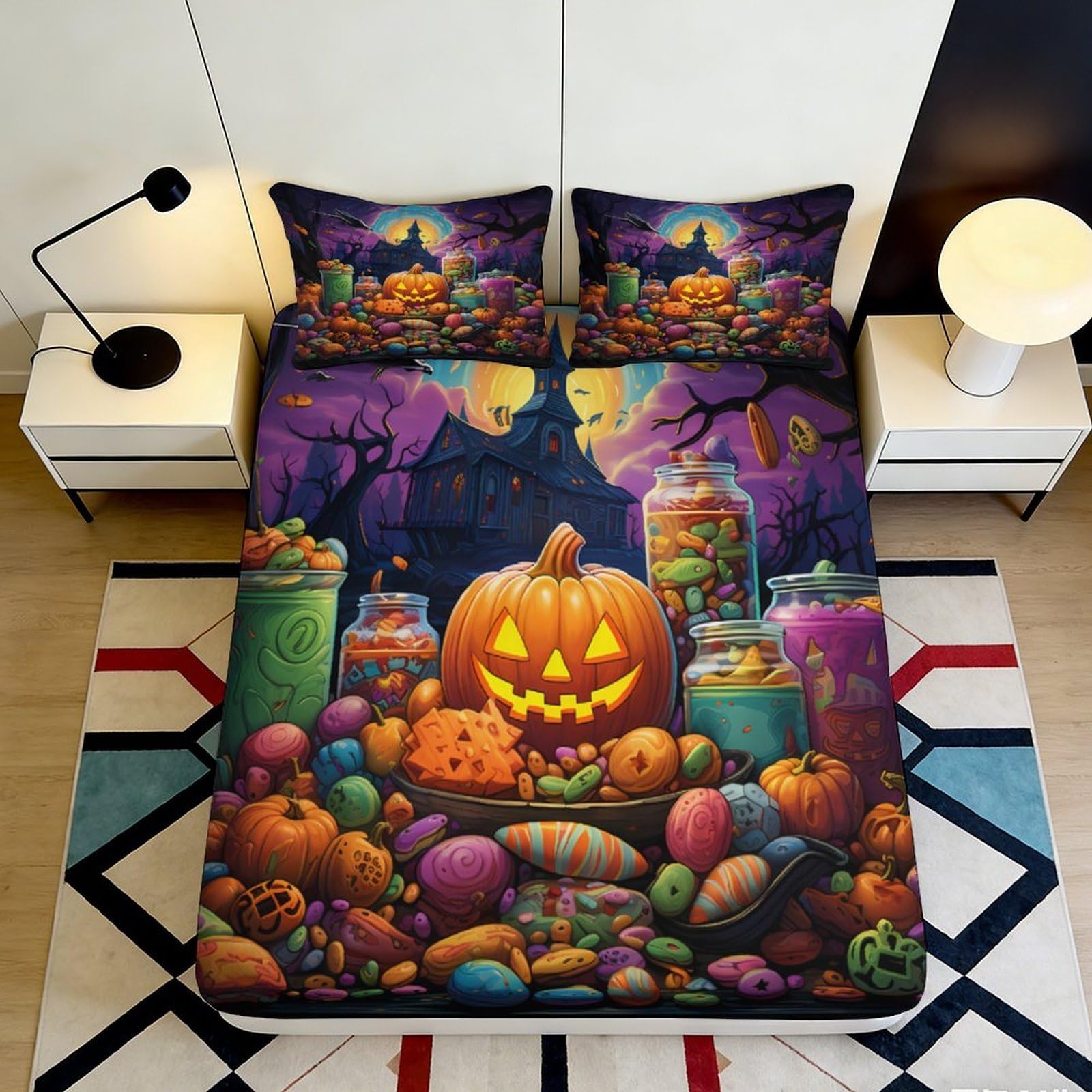 3D Printed Halloween Pumpkin Fitted Sheet Microfiber Soft Durable Haunted House Bed Cover for Bedroom Dormitory Guest Room Mattress Protection 200x200x25cm