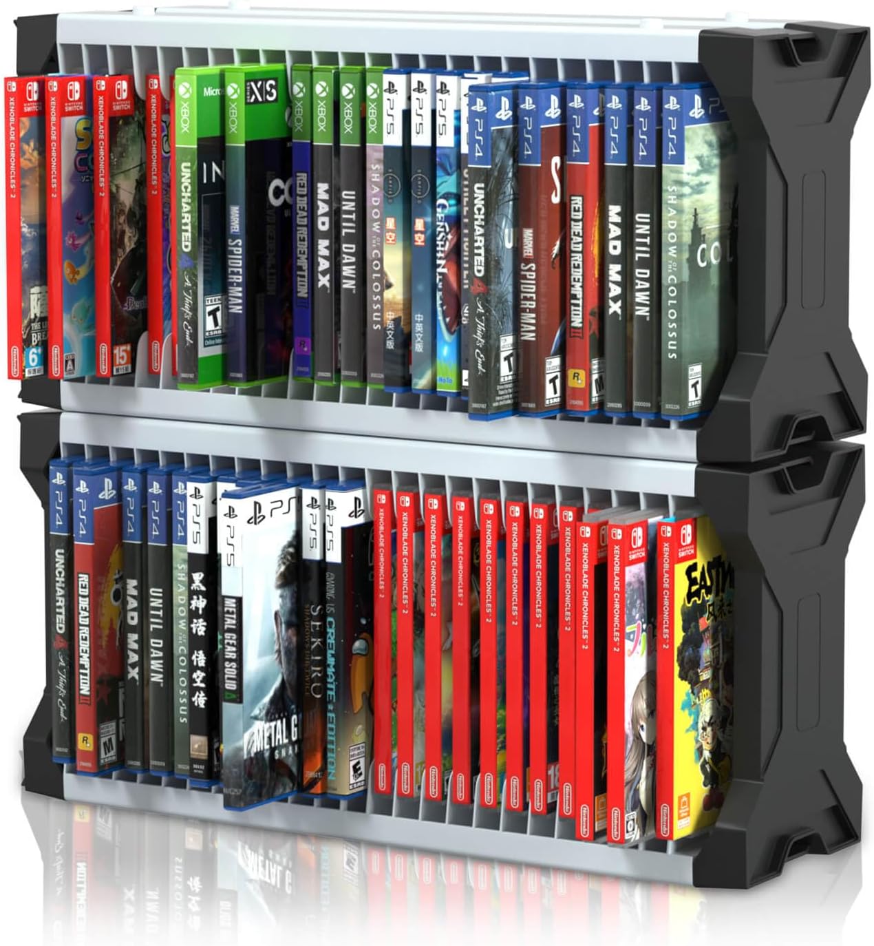 HEATFUN Game Storage, Video Game Tower Compatible with PS5, PS4, PS3, Xbox One Games with 2 Hooks for Headset or Controller, Store Up to 46 Discs Horizontal or Vertical