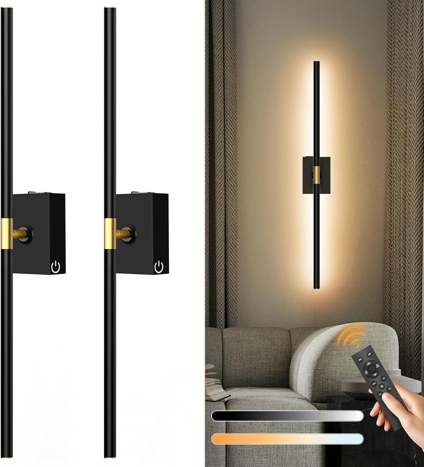 Rechargeable Wall Sconce Set of 2: 10000mAh Battery Operated Wall Sconce with Touch and Remote, 360° Rotate, 4CCT Dimmable Wireless Wall Light LED Wall Lamp for Living Room Bedroom Bathroom, Black