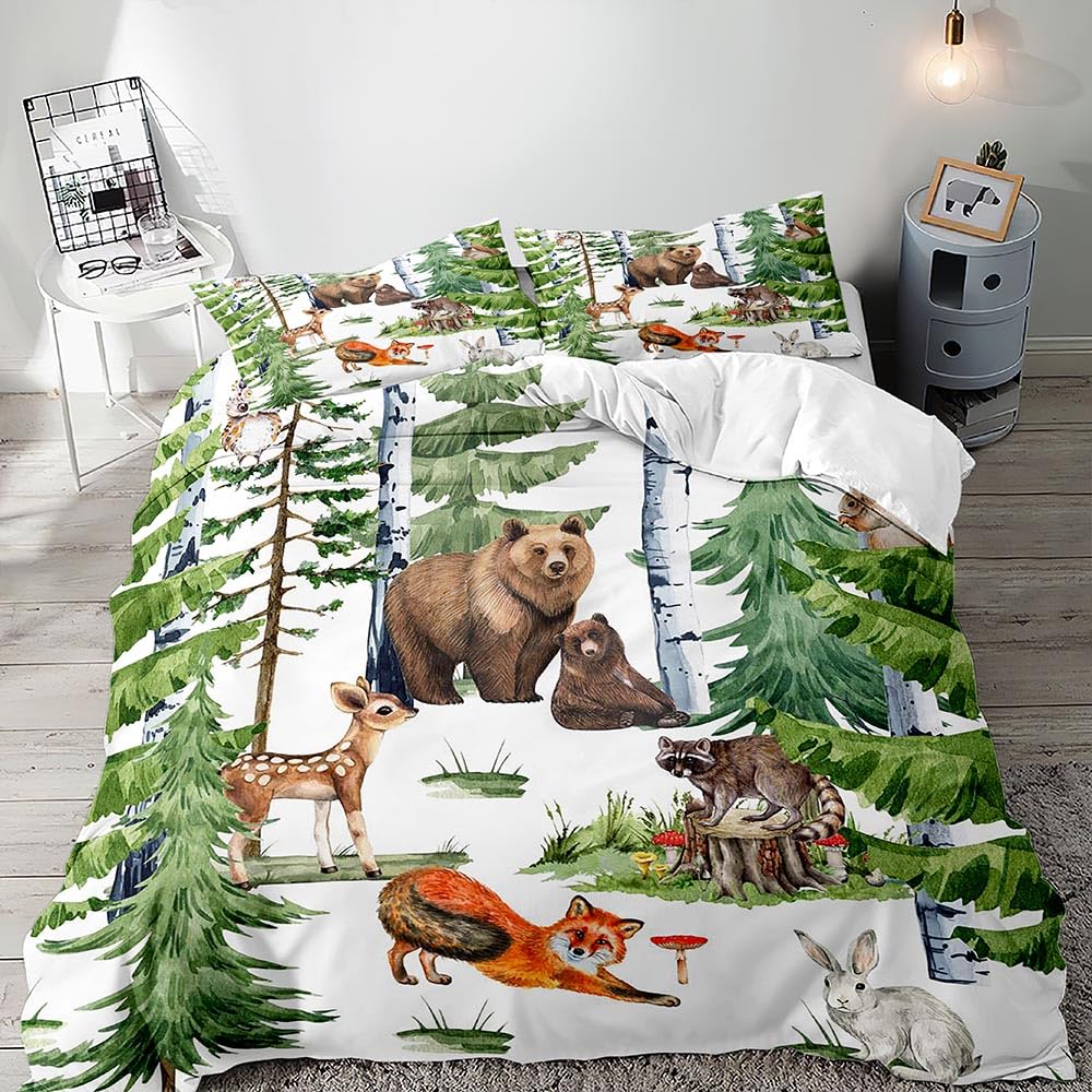 LUVIVIHOME 2PCS Deer Bear Duvet Cover Twin, Toddler Baby Boys Girls Kids Bedding Set, Cute Fox Rabbit Racoon Owl Green Forest Animals White Comforter Quilt Cover, Woodland Nursery Decor, 1 Pillow Sham