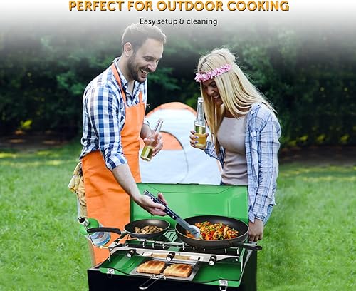 Miniatura 7 de Flame King Estufa portátil de 3 quemadores de gas propano con bandeja para tostadas para camping, portón trasero, mochilero