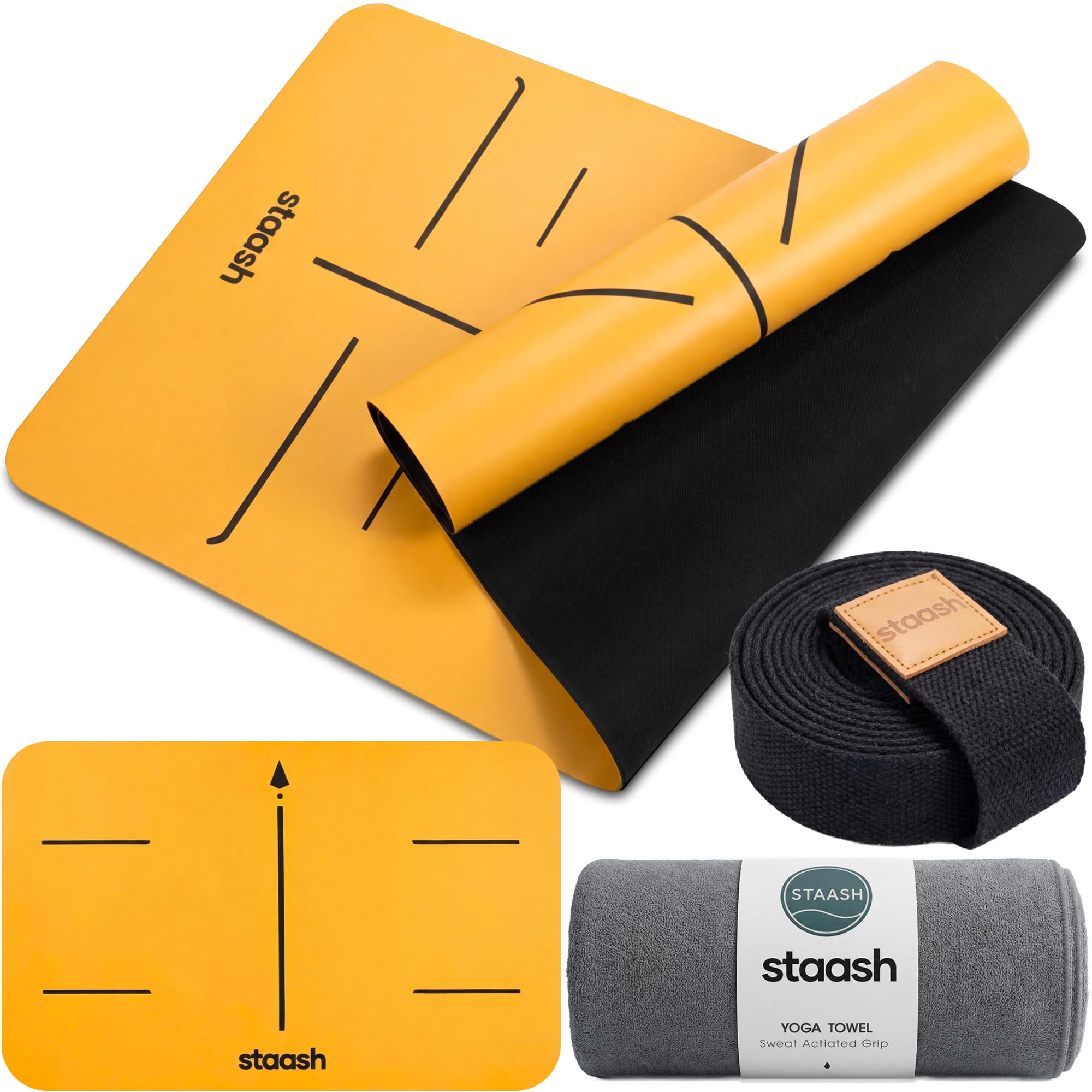 STAASH Premium Yoga Set – Tappetino da yoga in PU & gomma naturale + asciugamano in microfibra + cinturino da yoga + pad per mano – Ultra Grip, ecologico e qualità da studio per yoga esigenti