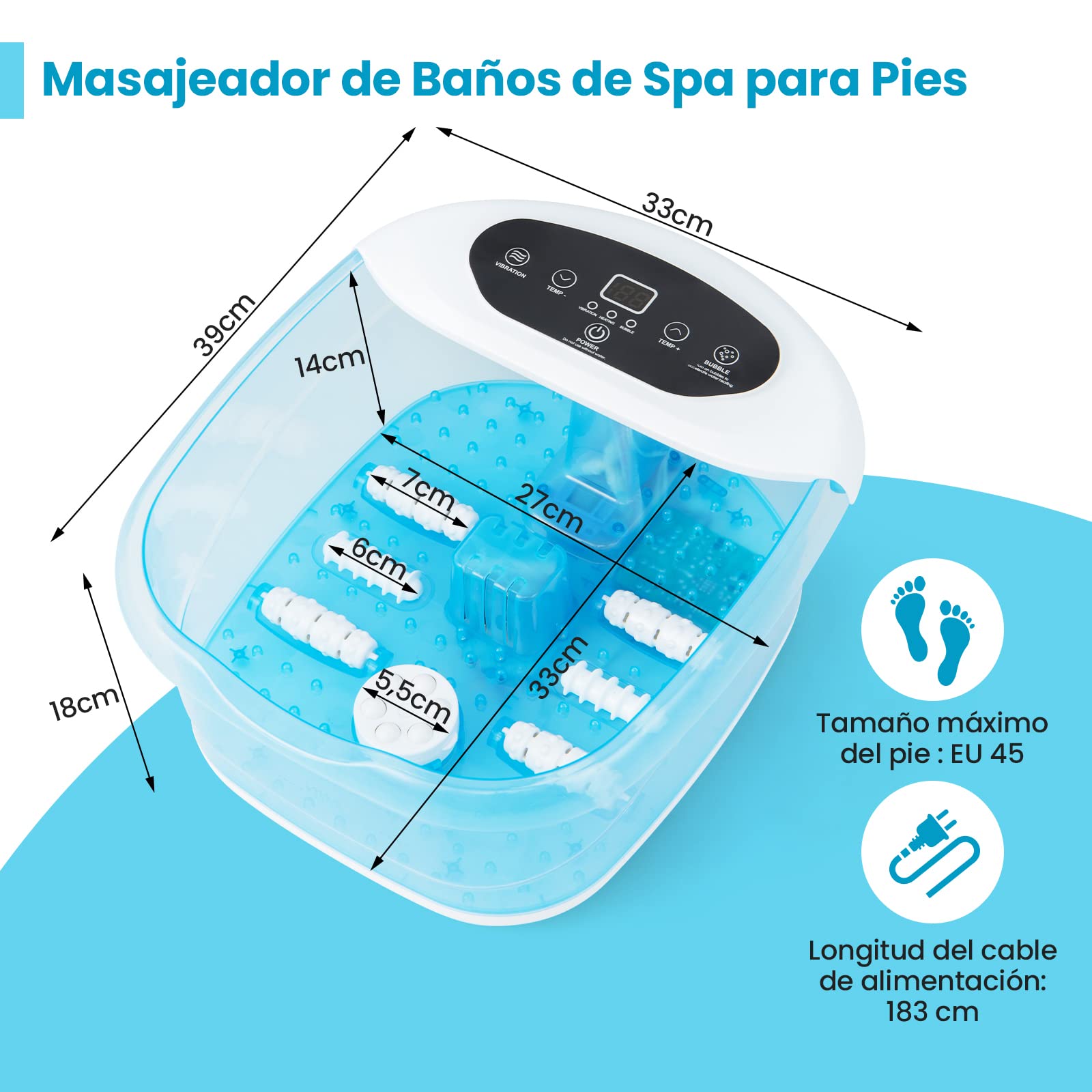COSTWAY Masajeador de Pies para Baño, Tina para Remojar los Pies con Calor, Burbujas y Vibración, Pediluvio Masajeador con Piedra, Apagado Automático de 1 Hora, Azul