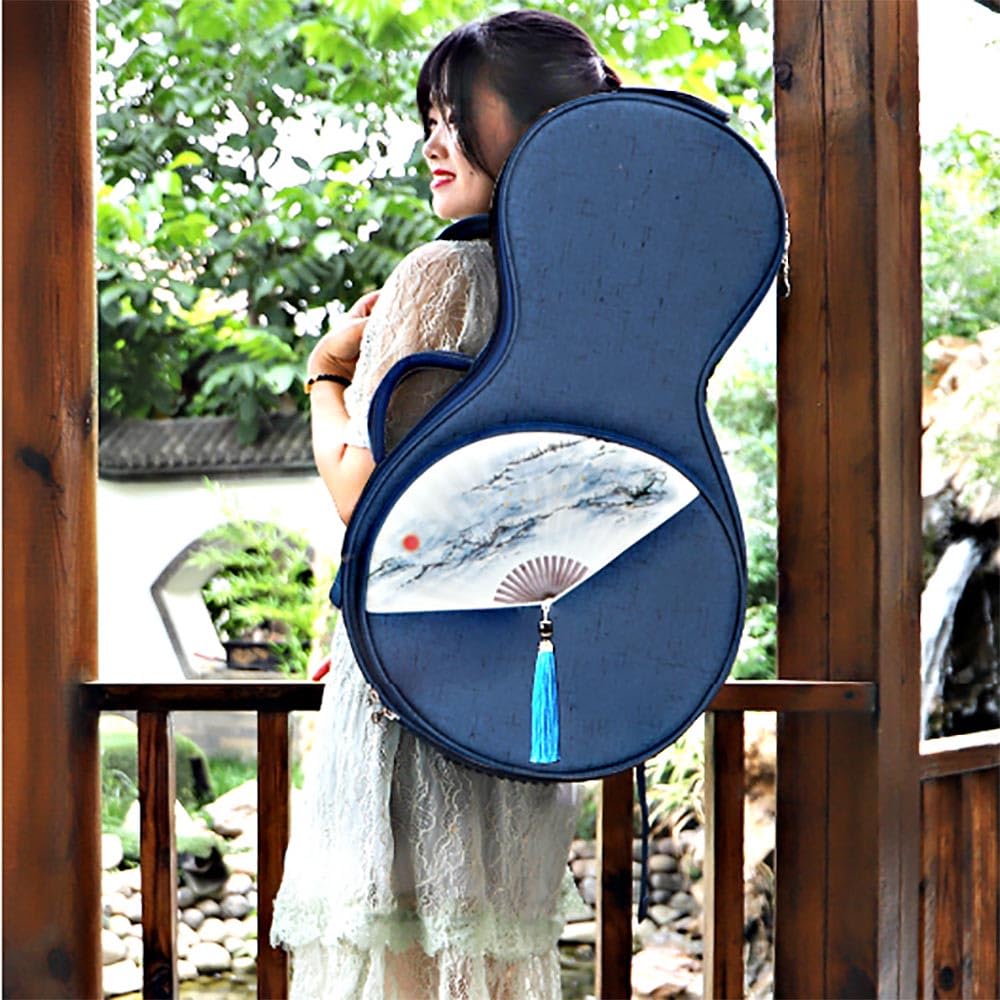 Yueqin - Borsa a tracolla con motivo liuto lunare, con motivo a ventaglio, musica folk, per uso professionale, liuto lunare, chitarra, banjo, strumento musicale, banjo cinese (blu)