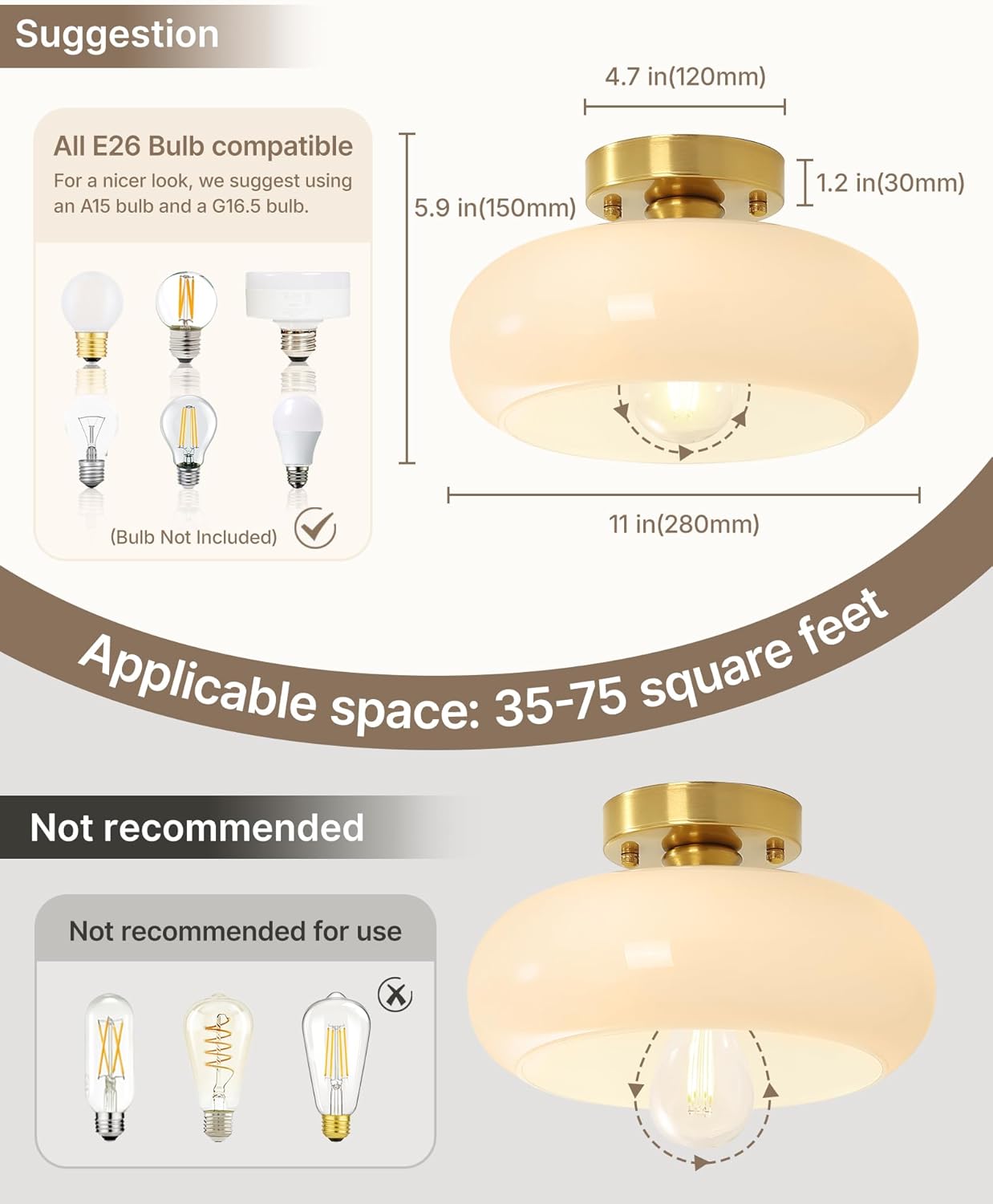 Yunnix Semi Flush Mount Ceiling Light, Milk Glass Light Fixture, Gold Mid-Century Modern Farmhouse Small Light Fixtures for Hallway, Bathroom, Kitchen, Bedroom, Living Room, Closet, Laundry(8.66 Inch)