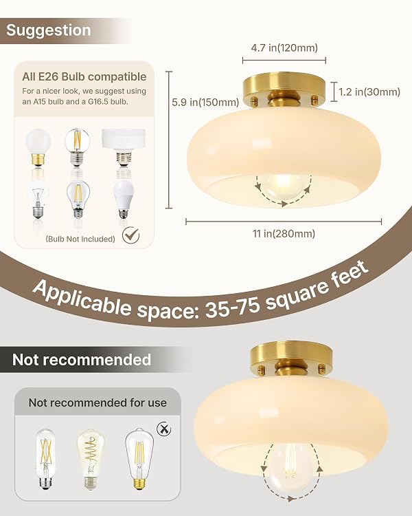Yunnix Semi Flush Mount Ceiling Light, Gold Light Fixture, Mid-Century Modern Farmhouse Milk Glass Small Light Fixtures for Hallway, Bathroom, Kitchen, Bedroom, Living Room, Closet, Laundry(11 Inch) by Yunnix - Image 3