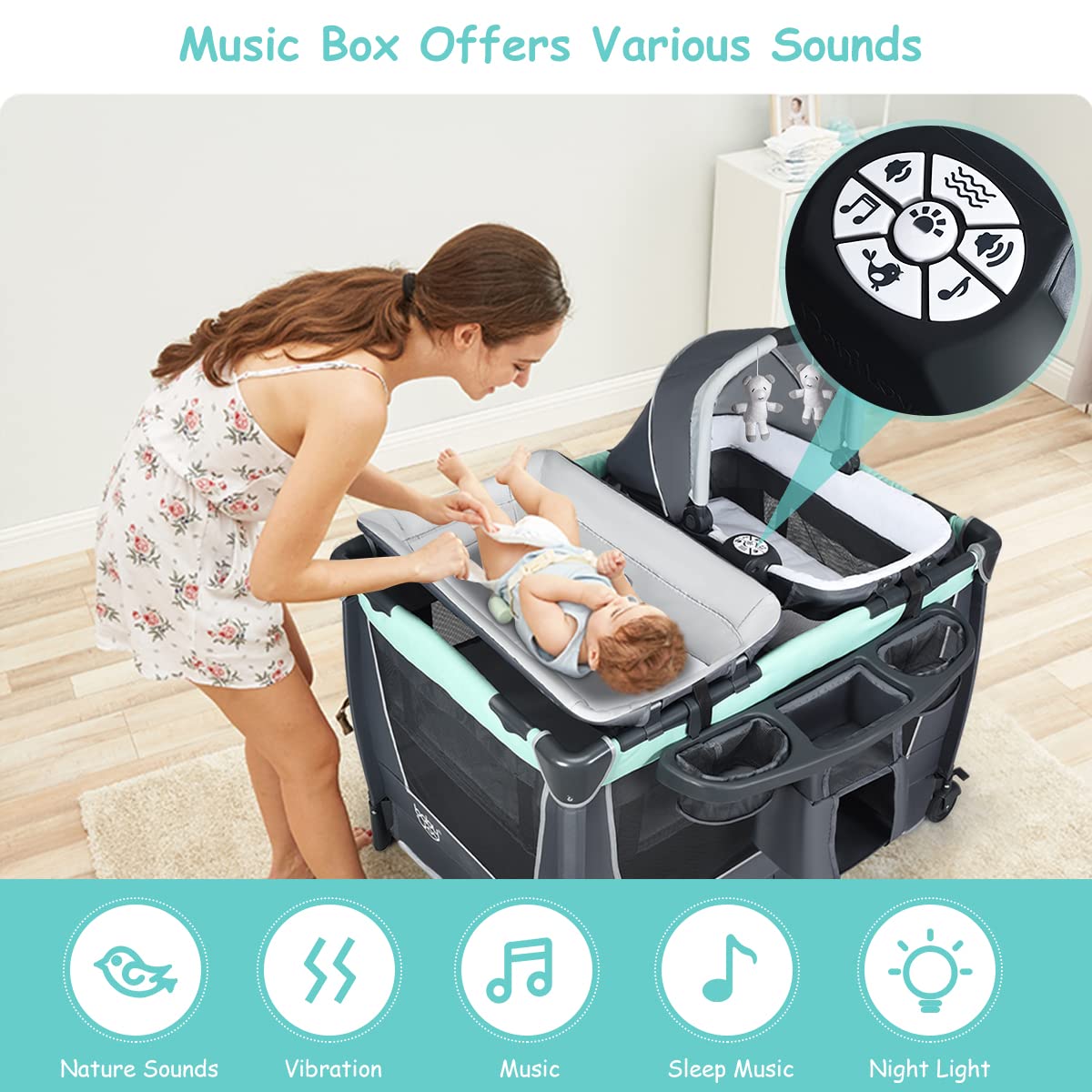 COSTWAY 4 in 1 Foldable Travel Cot, Portable Baby Bed Playard with