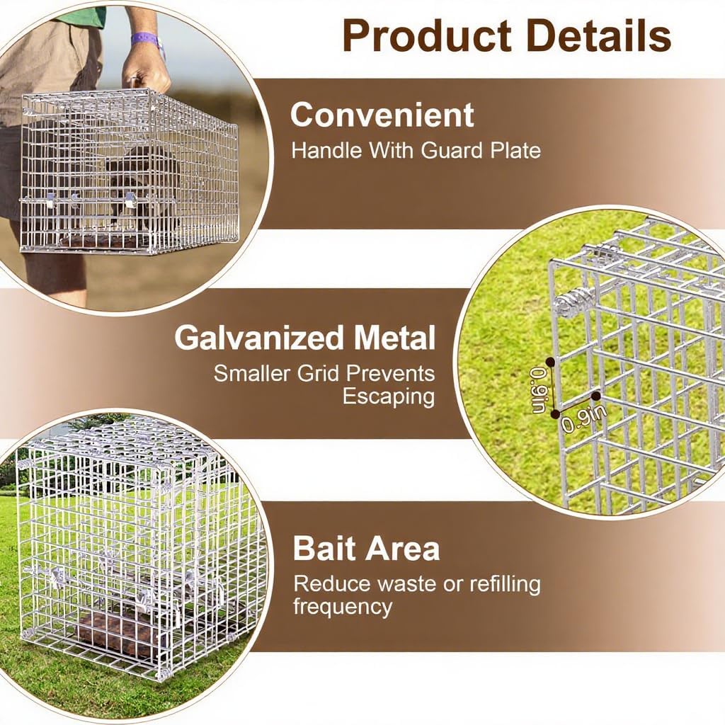 Live Humane Animal Trap Cage Cat Trap Folding Catch and Release for Raccoons Opossums Skunks Feral Cats Squirrels Rabbit 25.59Inch