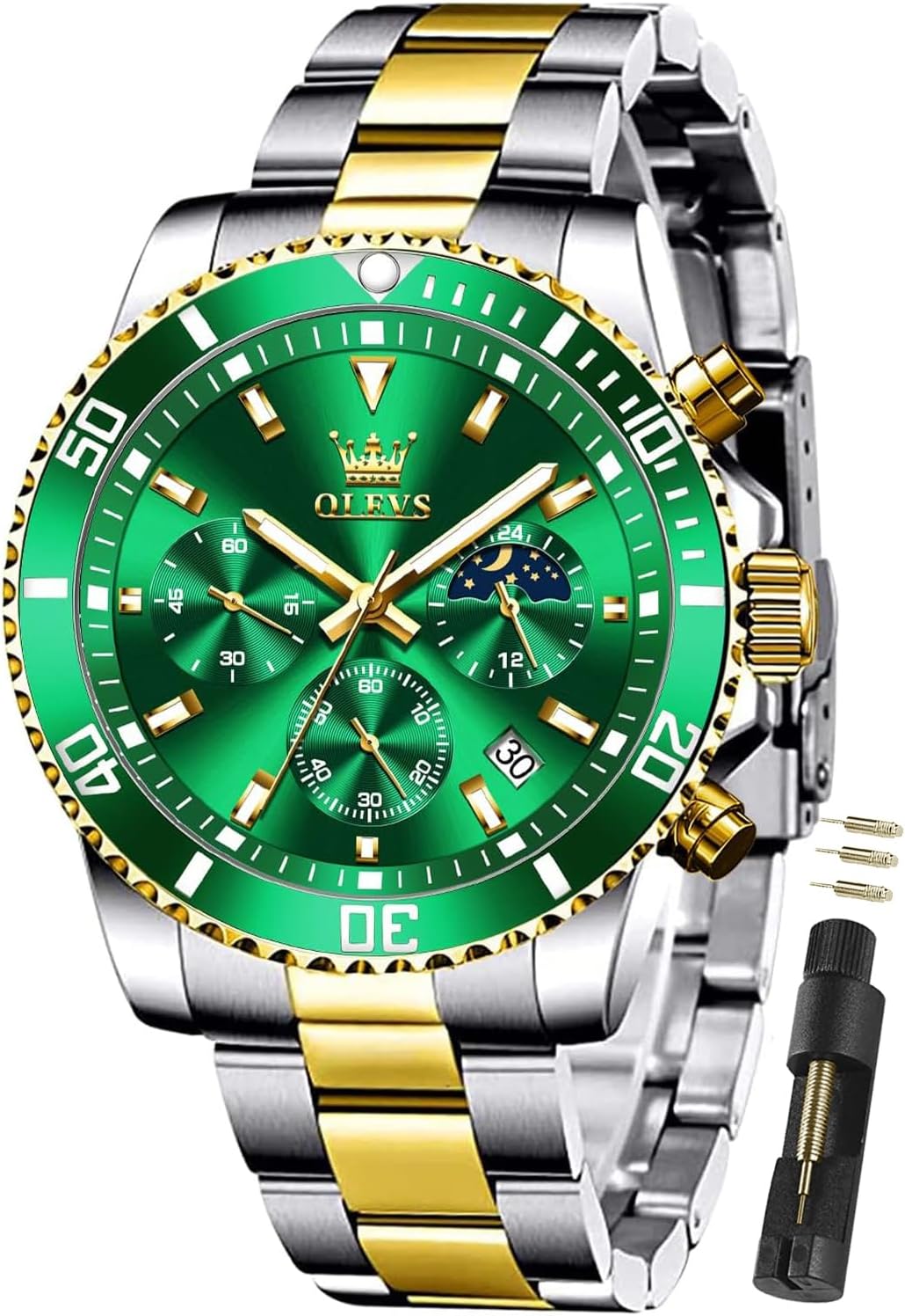OLEVS Watches for Men Classic with Date Business Dress Luxury Big Face Green/Black/Blue Waterproof Luminous Mens Wristwatch Analog Two Tone Stainless Steel Male Watch