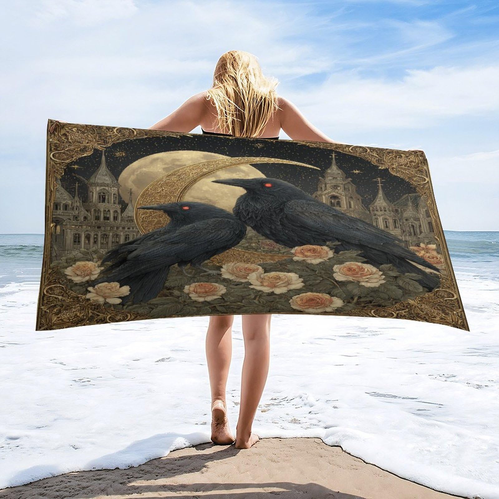 Luyysky Classic Gothic Animal Crow Quick-Drying Beach Towel, Retro Oil Painting Full Moon Starry Sky Galaxy Castle Roses Flowers Travel Vacation Single Sided Pile Bathroom Towels-80 W Cm X 160" L Cm