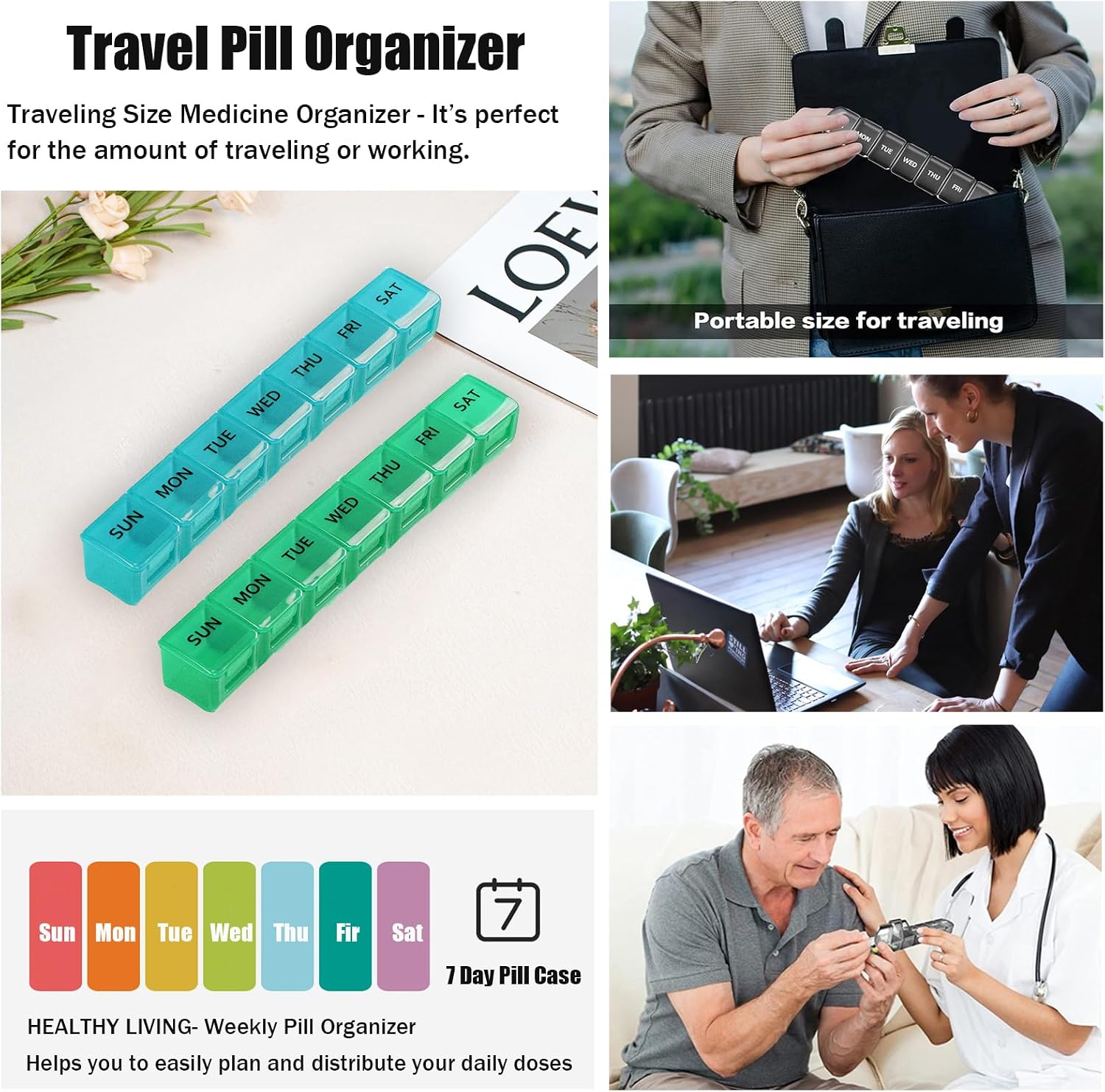 2 Pack Weekly Pill Organizer, Large 7 Day Travel Pill Case (Blue & Green)