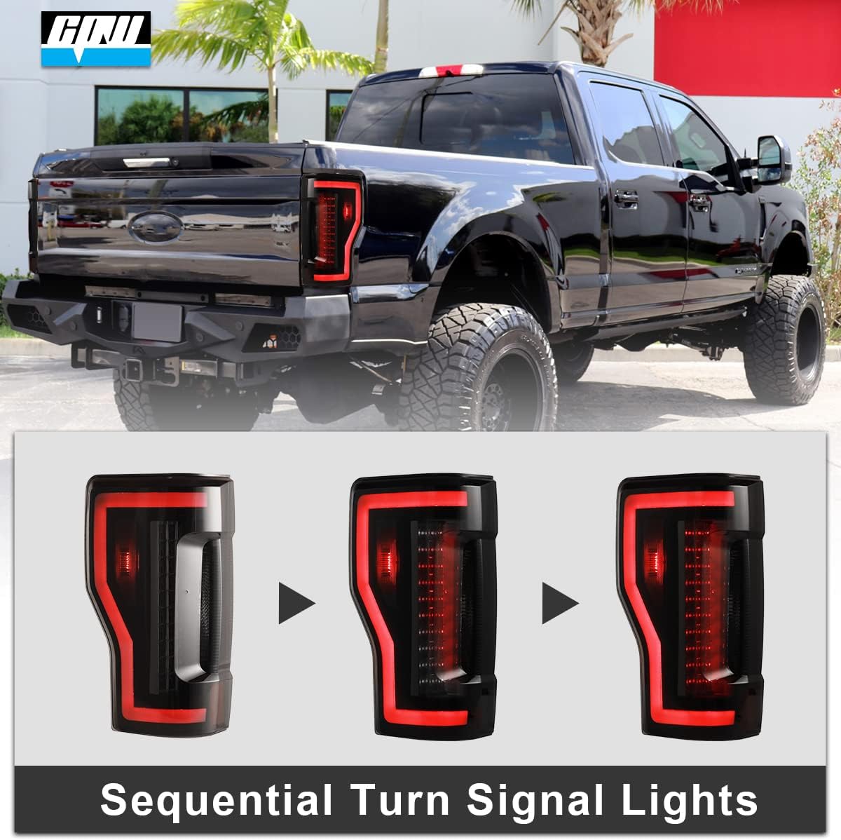 CPW LED Taillights Assembly Fit For 2017 2018 2019 Ford F-250 F-350 F-450 Super Duty Halogen Type w/o Blind Spot Detection Model, Led Sequential Turn Signal Rear Brake Lamps (Black/Smoke)
