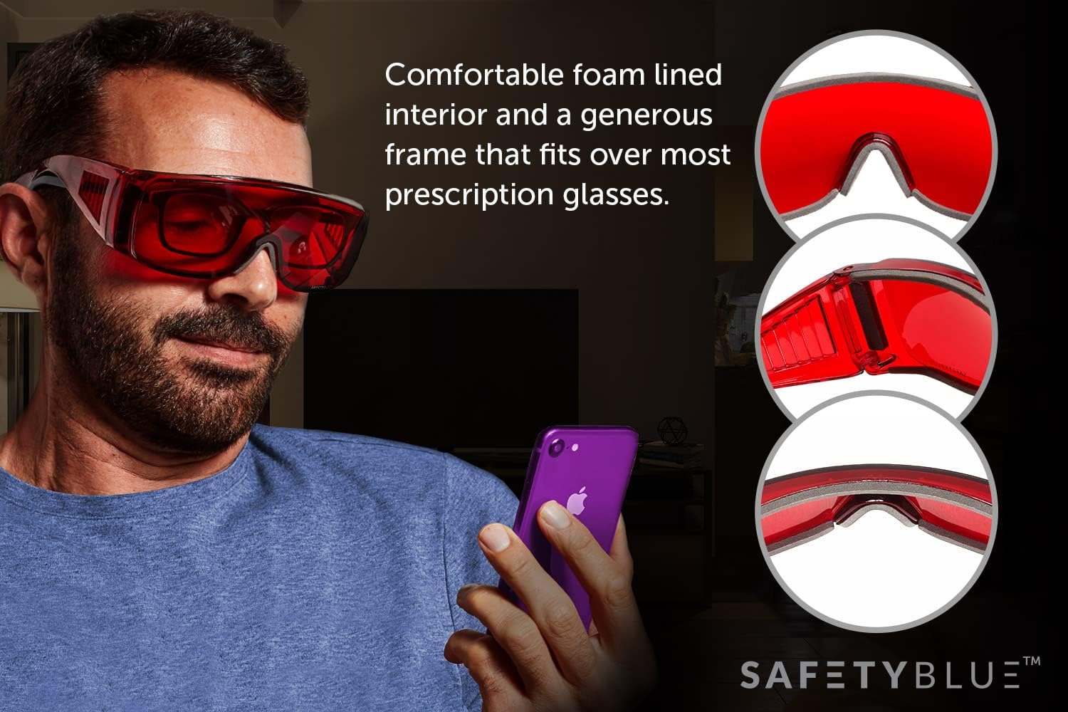 Red Fit-Over Glasses that Block Blue & Green Light - Nighttime Eyewear Reduces Eye Strain/Fall Asleep Faster/Fitover Your Prescription Glasses/Unisex (Red Padded) - Image 5