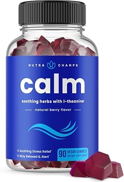 NutraChamps Calm Gummies, Stress Gummies Supplement with Ashwagandha, L-Theanine, GABA, Vitamin B6 & Lemon Balm, Supports Mood, Focus & Stress Relief, Natural Berry, 90 Gummies