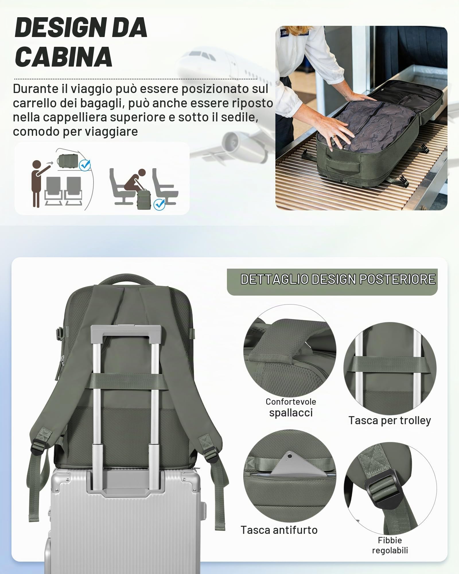SEAFEW Zaino Sottovuoto da Viaggio con Pompa Borsa da Cabina per Ryanair 40x30x20 Aereo Bagaglio a Mano per Easyjet Impermeabile Lavoro e Scuola Trekking Casual Daypack per 14" laptop,H03-Verde