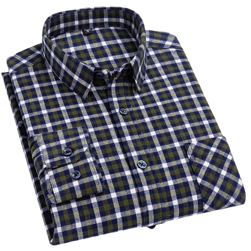 WLLDDDIU Herren Kariertes Flanellhemd Nicht Eisen Langarmshirt Regular Fit Hemd Business Casual Arbeitsoberhemd mit Brusttasche für Den Täglichen Bürobekleidung Dunkelgrün Weiß XL