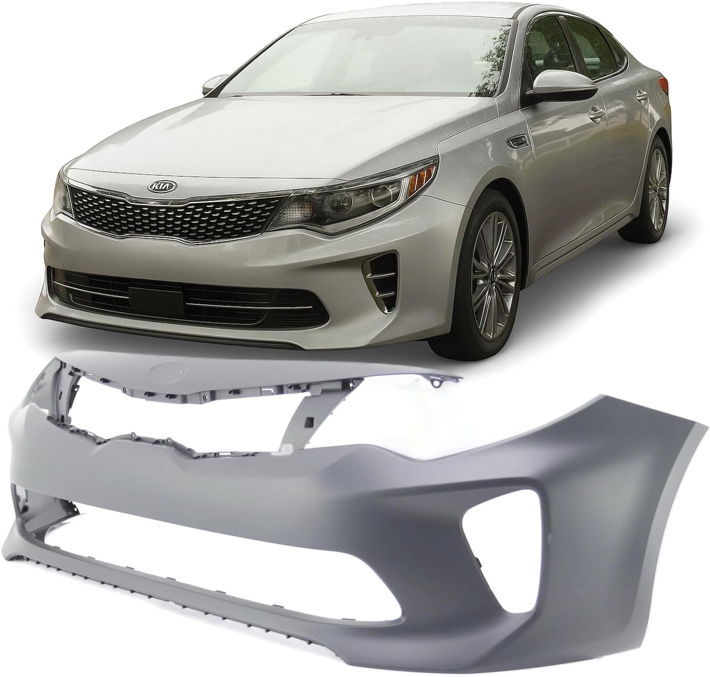 FitParts Compatible With Front Bumper Cover 2016 2017 2018 Kia Optima EX LX SX SXL Sedan 16 17 18. New, Primed. W/o Fog Light Holes. W/o Parking Aid Sensor Holes. KI1000183