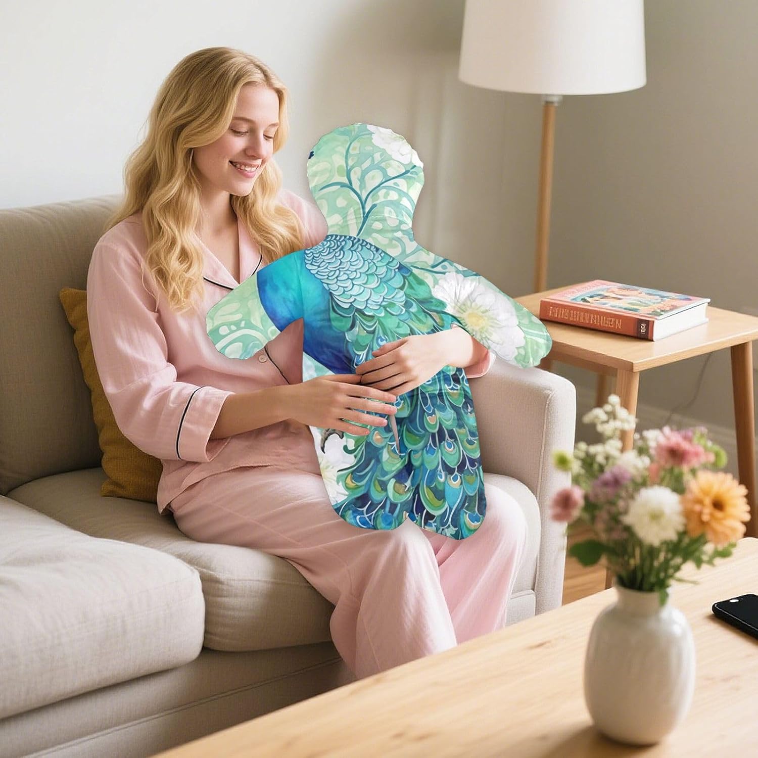 Watercolor Peacock2 Human-Shaped Pillow Soft Body Pillows Washable Velvet Pillows for Anxiety Relief Sleeping Cuddling & Support