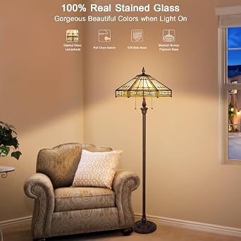 Capulina Tiffany Lamp Cream Hexagon Stained Glass Floor Lamp 2-Light