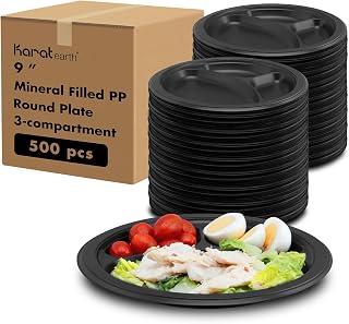 KARAT EARTH [9" - 500 pcs - 3 Compartments Black Round Heavy Duty Disposable Plates - Eco Friendly Mineral Filled PP Plastic, Reduce Plastic Use