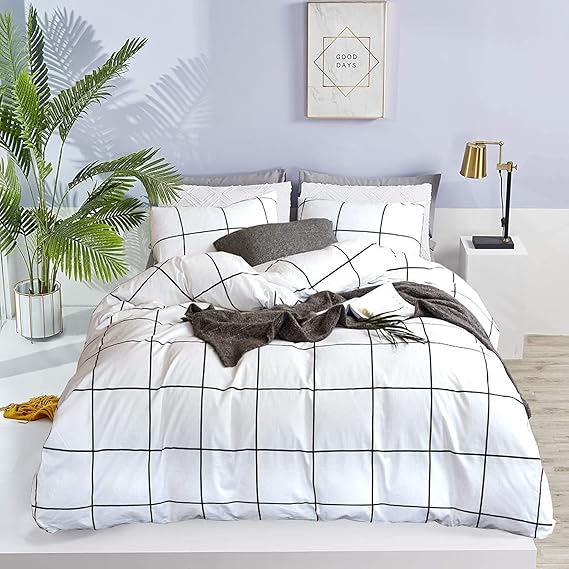 Wellboo White Plaid Comforter Sets Queen Women Men White