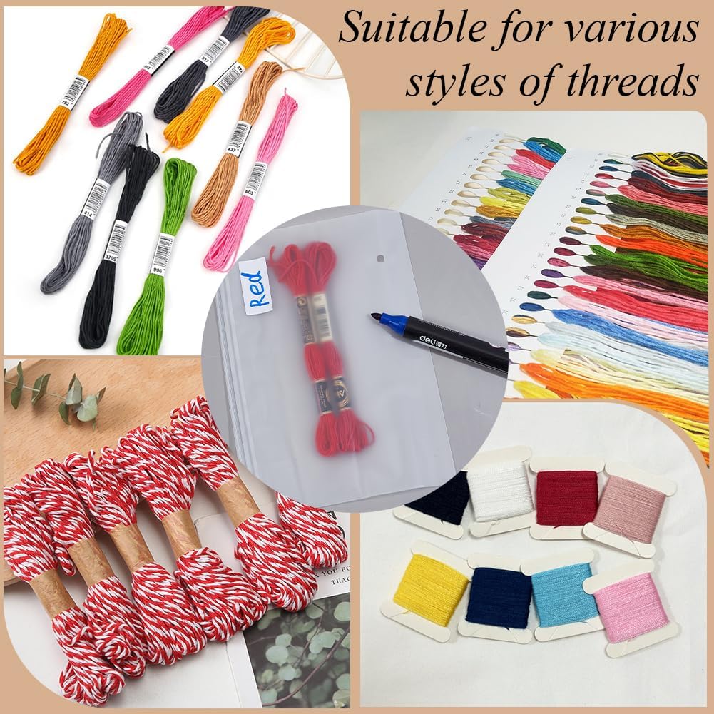 125Pcs Clear Floss Organizer Plastic Bags Thread Zipper Storage Pouch with Blank Stickers Binder Ring Clips Cross Stitch Bag for Round Knitting Needles Folder Cable Knit Needle Holder Supply
