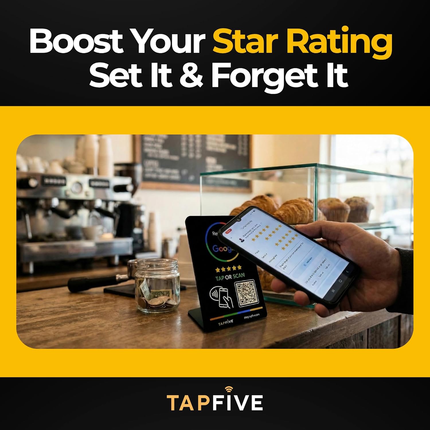Google Review Stand by TapFive – NFC Tap & QR Code Sign for Restaurants, Salons, Retail & Front Desks | QR Code Stand - Zappy Fast | No Monthly Fees (Black, 1 Stand)