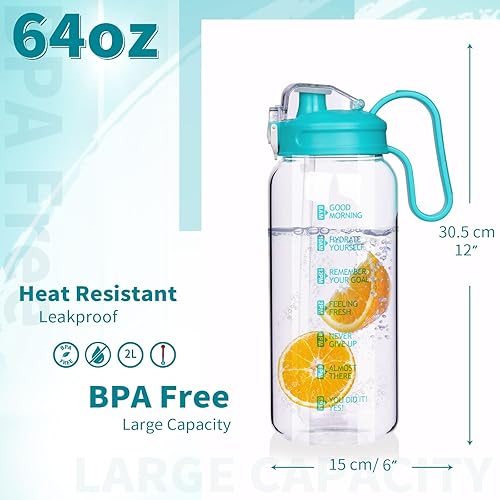 Miniatura 6 de DEARRAY 64 oz Motivational Glass Water Bottle with Straw & Time Marker Half Gallon Large Reusable Water Jug BPA-free Borosilicate Drinking Bottle