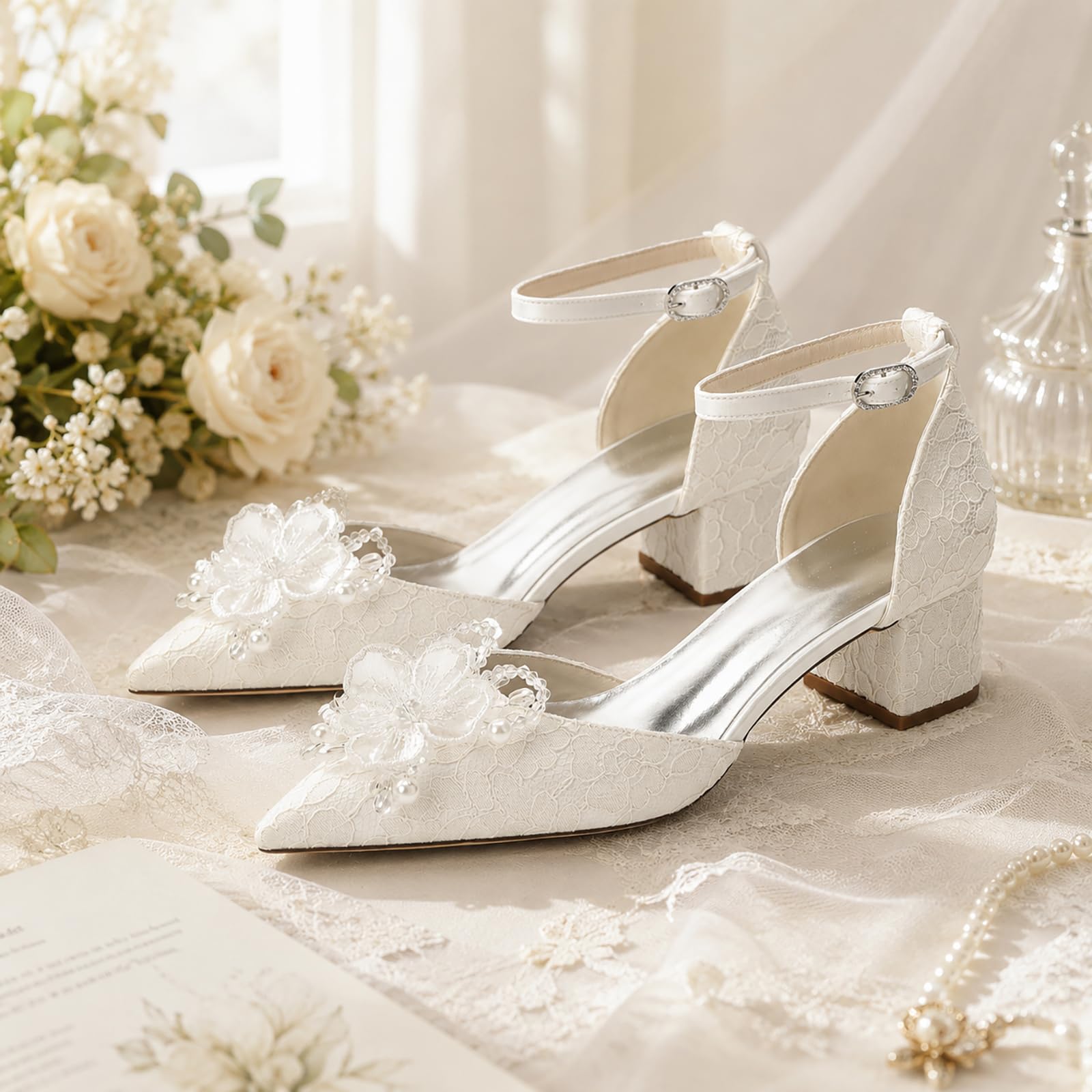 Scarpe da Sposa Donna Chiuse Punta Cinghia alla Caviglia Tacco Basso Scarpe Nuziali Scarpe Eleganti da Abito per Sposa Damigella Festa