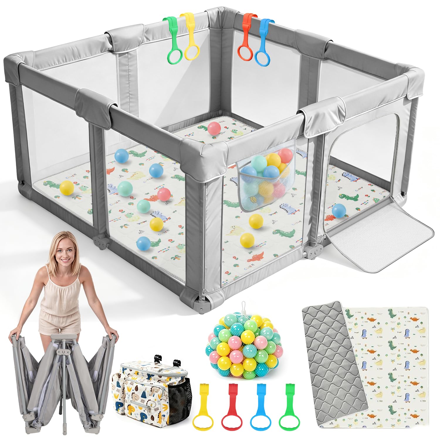 Laufstall Baby Faltbar Easy Fold, 150 x 150 x 70 cm | Mit Rutschfester Matratze, Dinosaurier-Reisetasche, 4 Haltegriffen, 50 Bällen, 300D-Oxford-Stoff, Indoor/Outdoor