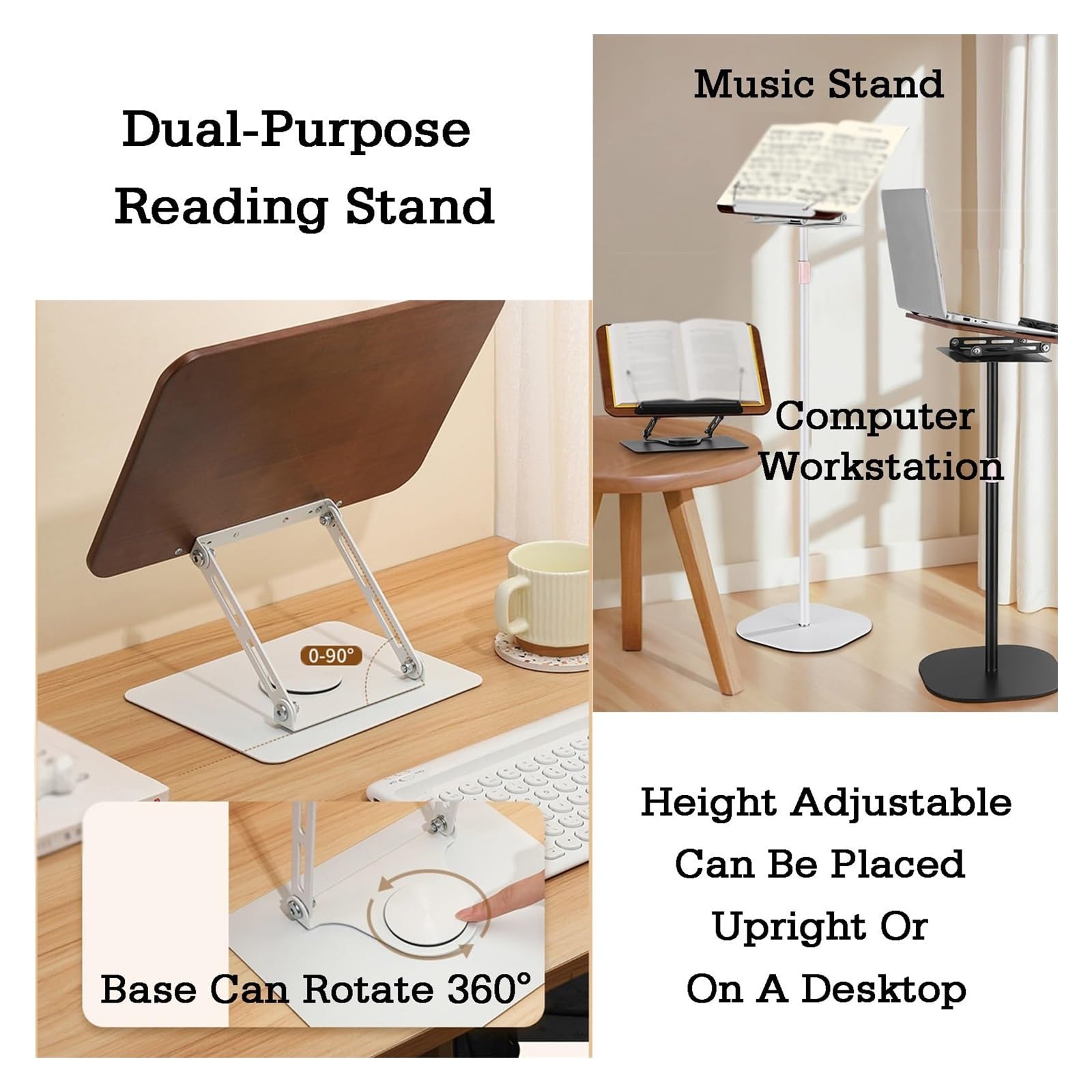Verstellbare 2-in-1-Halterung aus Massivholz und Kohlenstoffstahl for Haushaltsbücher, Noten, Tablet-Ständer, Nackenschutz, freihändiges Büro, Lernen, Kochen(White,51-119cm)