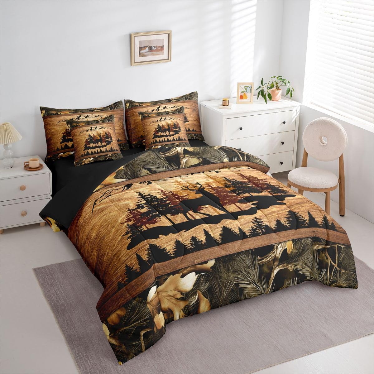 7 Pcs Deer Cabin Bedding Set Jungle Plants Retro Wooden Stripe Comforter Set Pine Trees Wild Animals Silhouette Bed in a Bag with Comforter,Flat&Fitted Sheet,2 Pillowcases,2 Pillow Covers,Queen Size