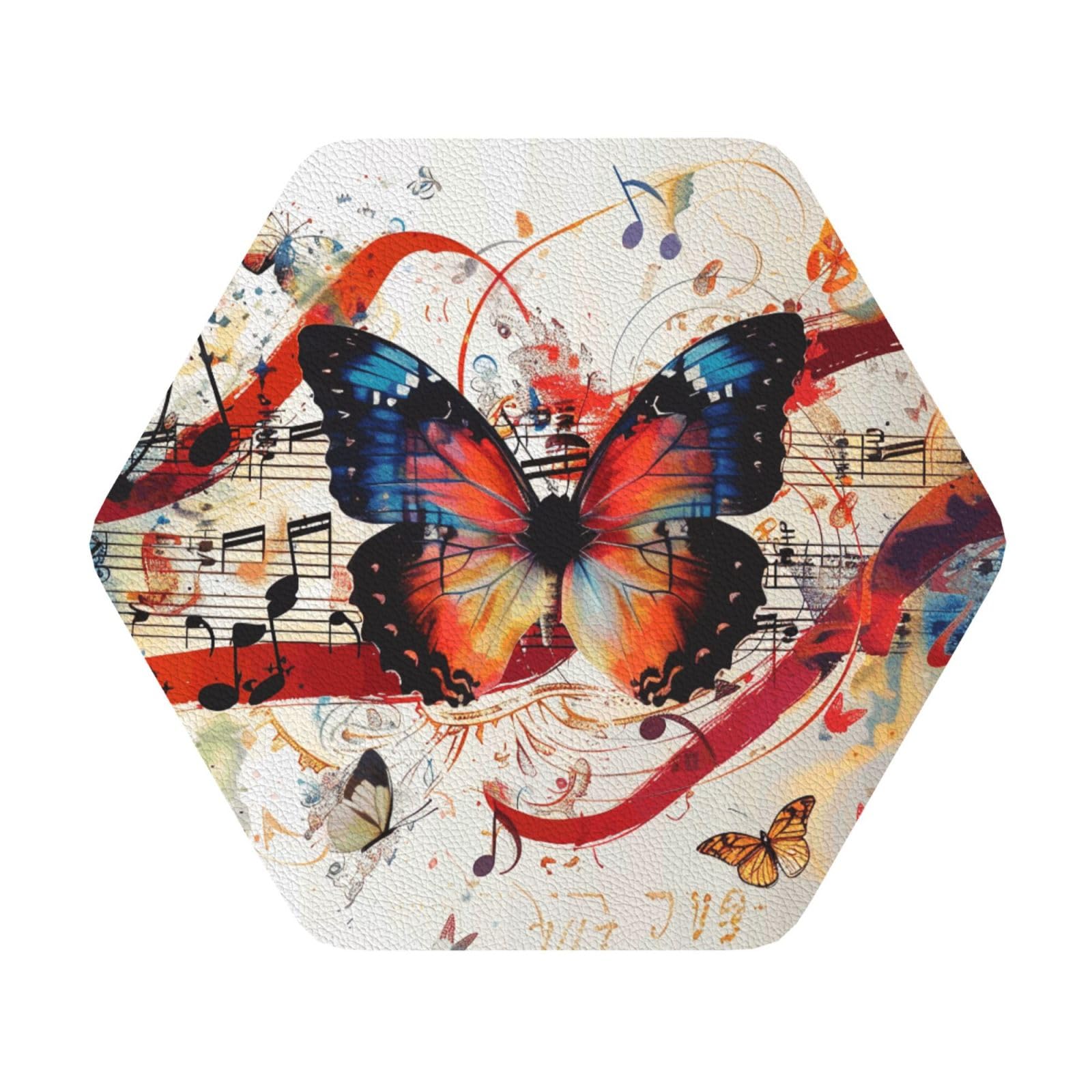 Musica Butterfly Printed Coasters for Drinks, Leather Coaster Sets of 4, Funny Coffee Cup Coaster, Absorbent Coaster for Home and Office Kitchen Bar Hexagon