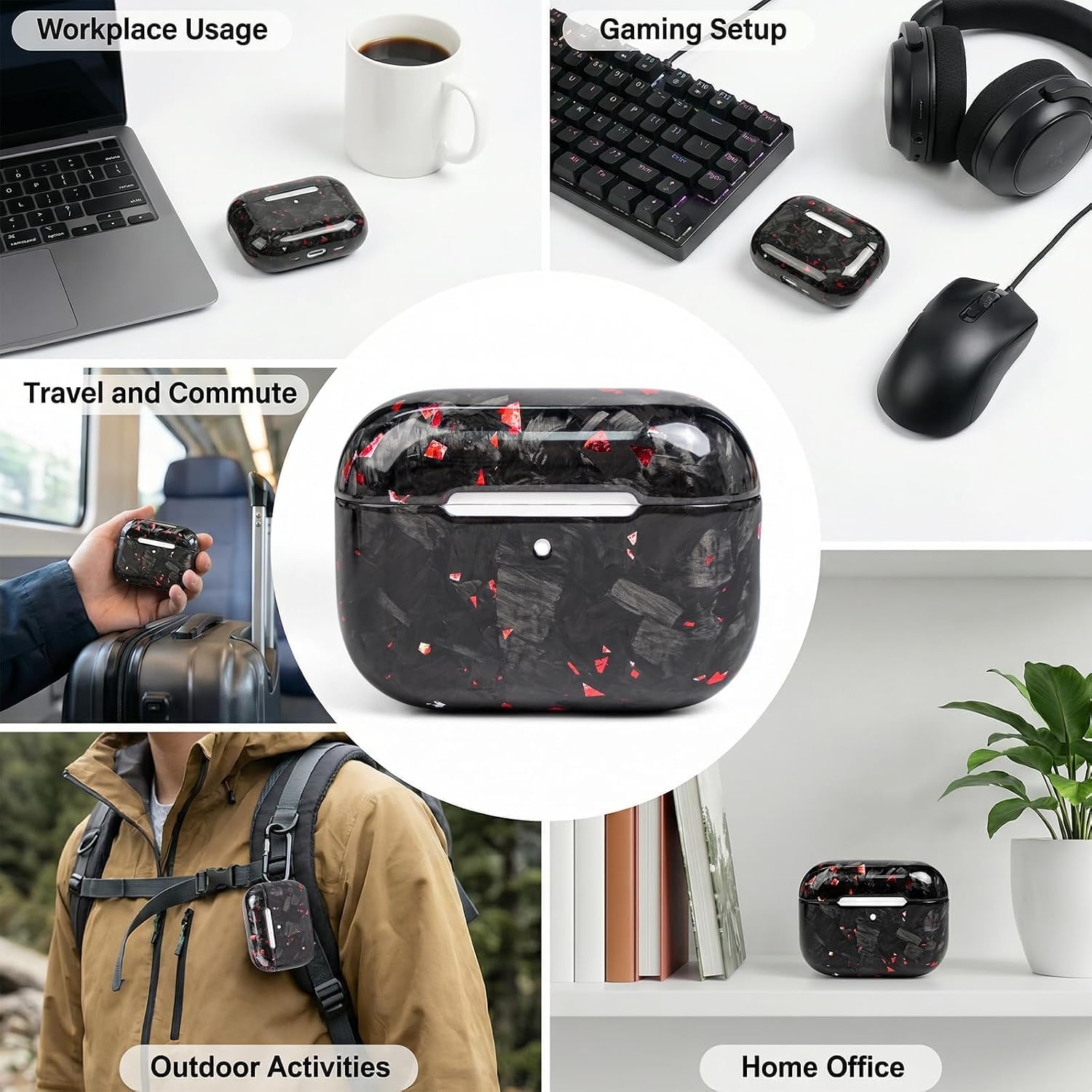 Carbon Fiber Material Design Protective Cover for AirPods Pro 3 Case, Shockproof Hard Shell for AirPod Pro 3 Case, Stylish and Durable Cover for Men/Wome USB-C Cable,Red foil
