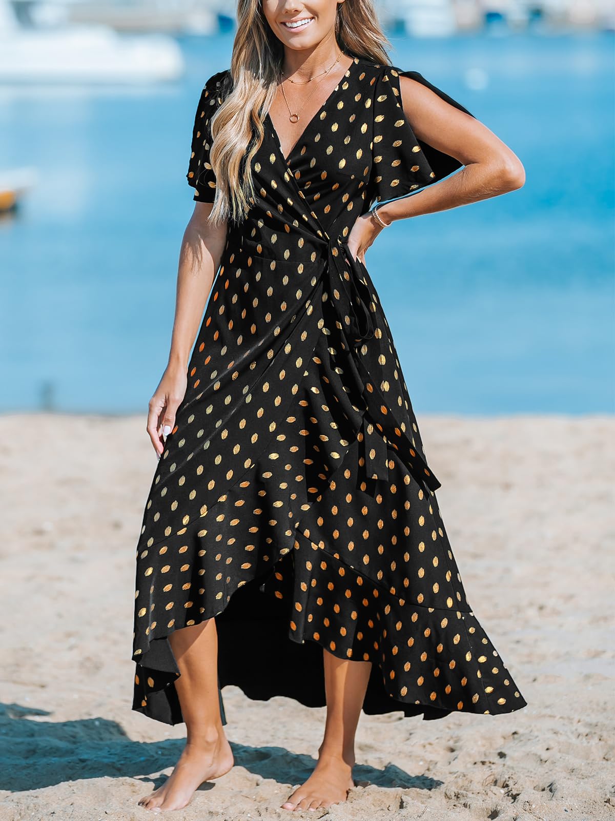 CUPSHE - Vestido largo cruzado de verano para mujer, informal, manga acampanada, cuello en V, con lazo en la cintura y volantes