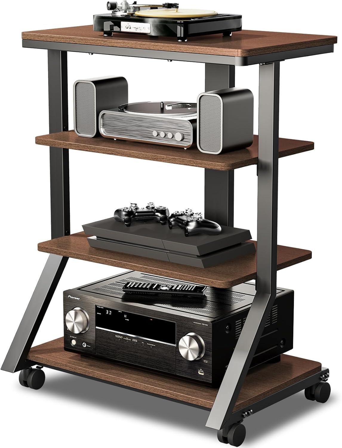 OGFC 42207 Shelves and Stands, Audio Rack, 4-Tier Shelf, Wooden Turntable Shelves, DVD Player, Entertainment Unit, Multifunctional, Height