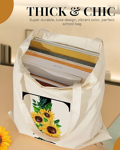 Miniatura 4 de AUSVKAI Bolsa de lona estética para mujer, lindas bolsas de girasol con iniciales de moda con asa para comestibles