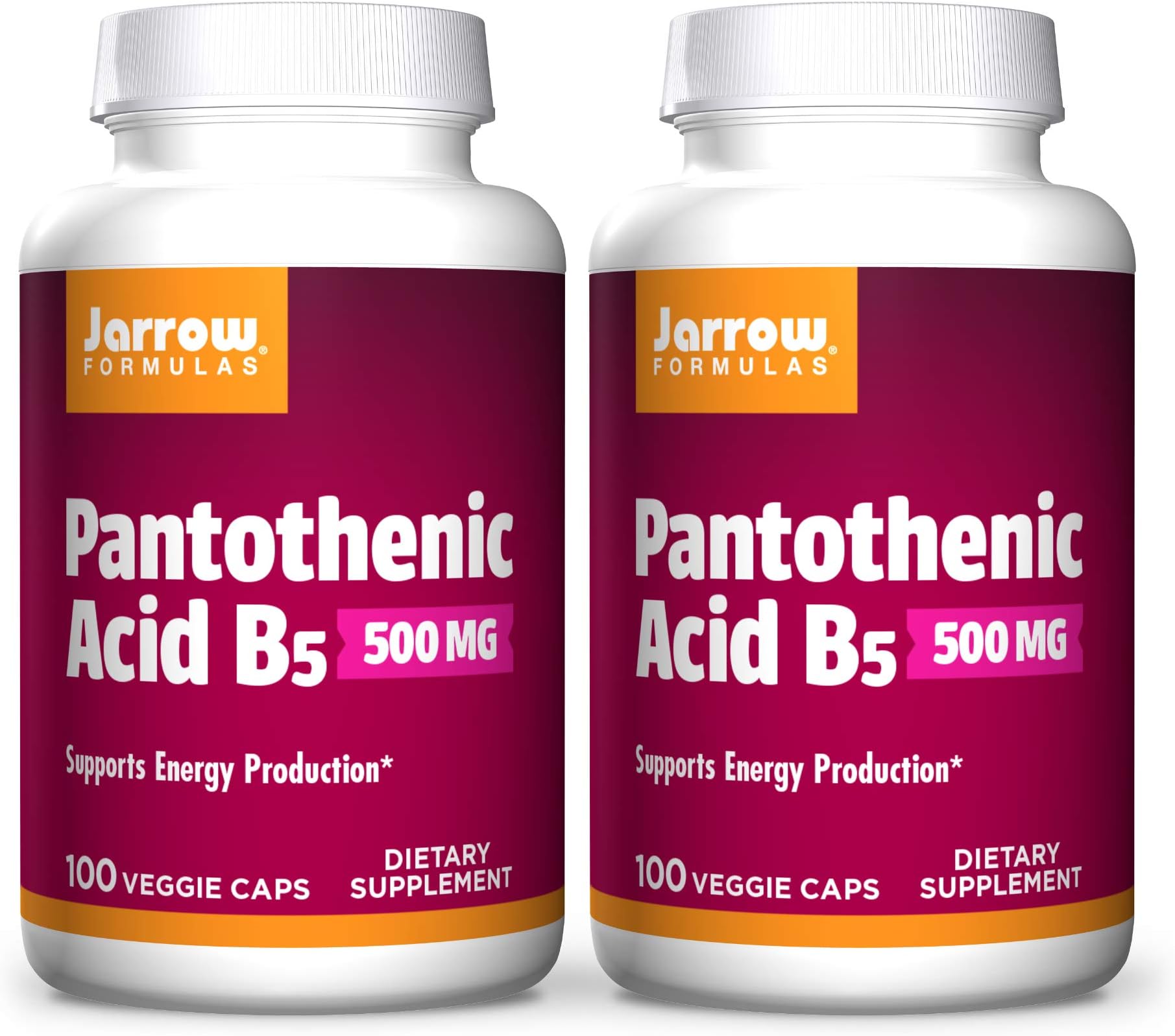 Jarrow Formulas Pantothenic Acid B5 500 mg - 100 Veggie Caps, Pack of 2 - Essential B Vitamin - Energy Production & Metabolism Support - 200 Total Servings