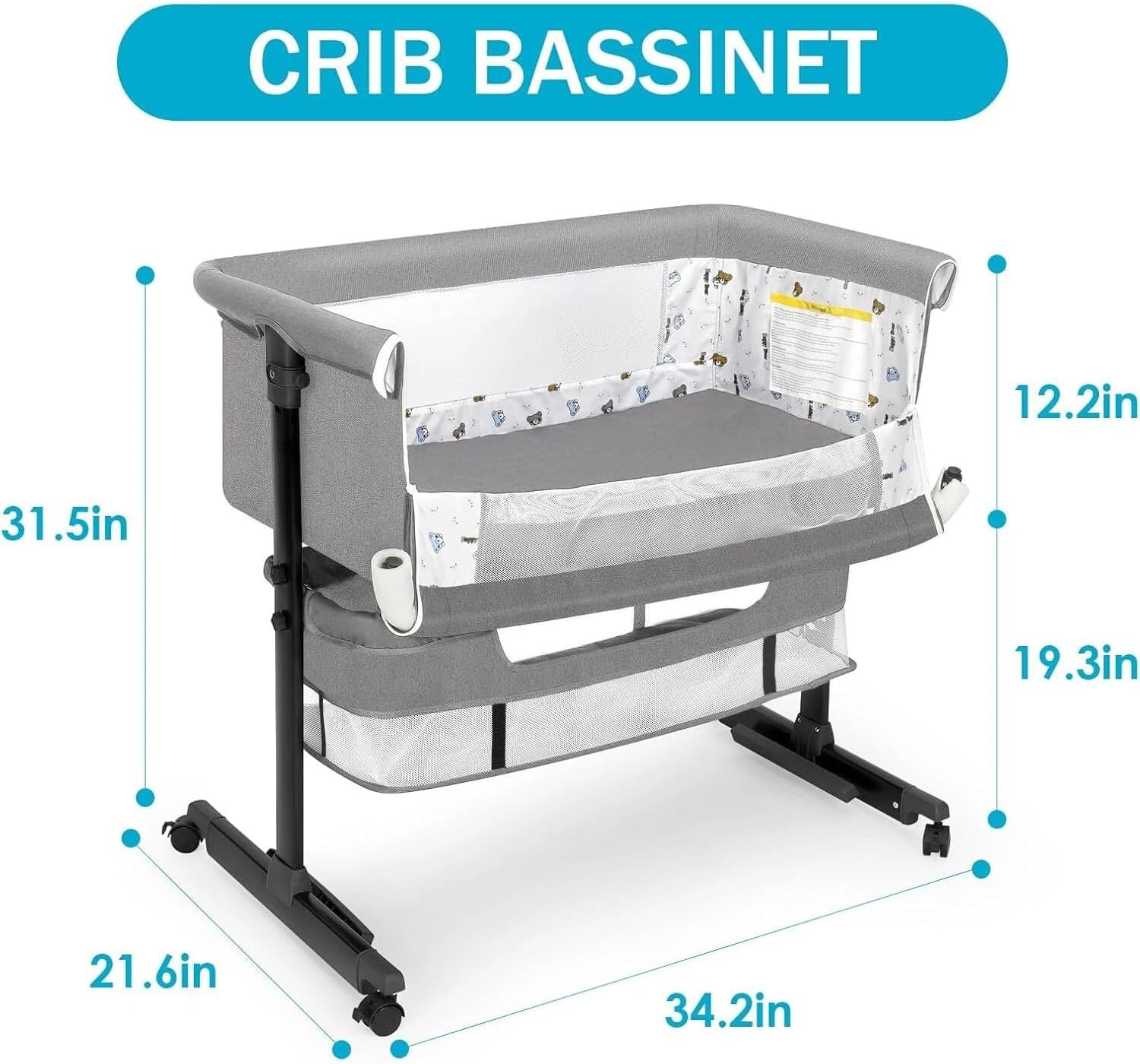 Baby Bassinets Bedside Sleeper, 3 in 1 Baby Bassinet, Adjustable Easy Folding Portable Bed, with Mosquito Nets, Large Storage Bag, Comfortable Mattresses, for Infant/Baby/Newborn (Gray)