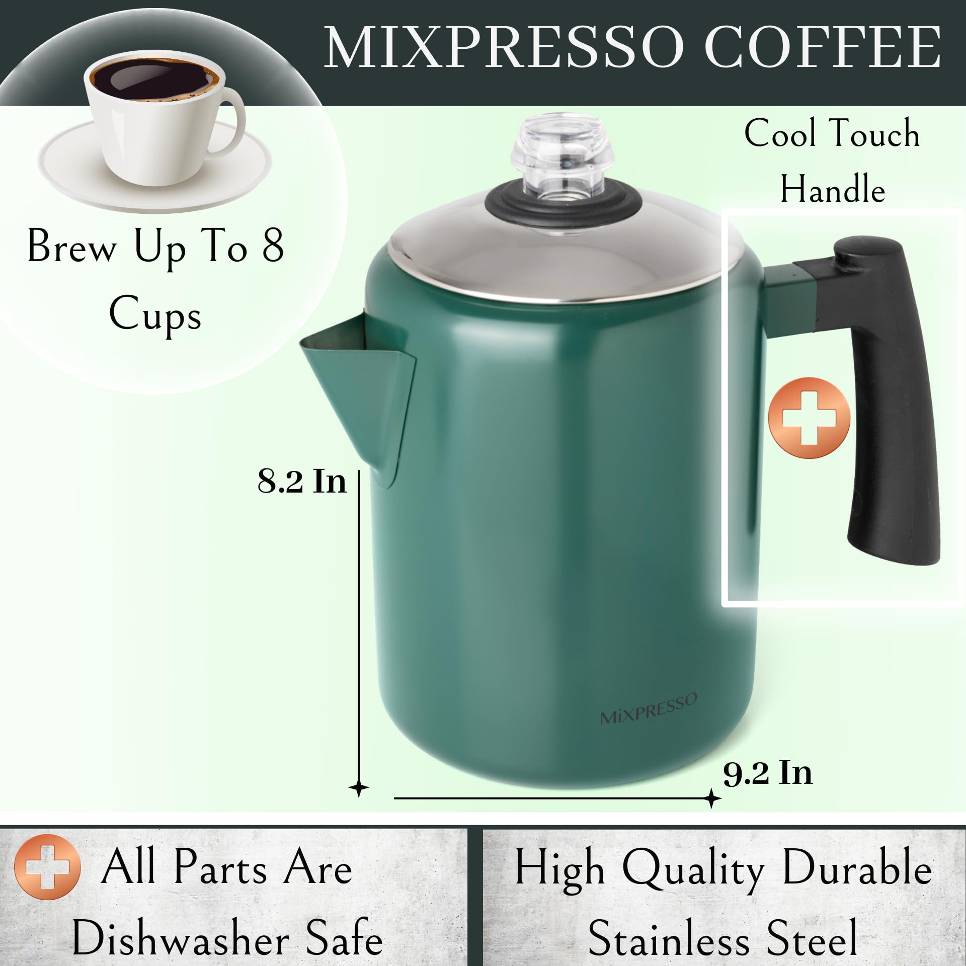 Mixpresso Percolador de café de acero inoxidable, cafetera percoladora, excelente para cafetera de camping, 5-8 tazas (verde)