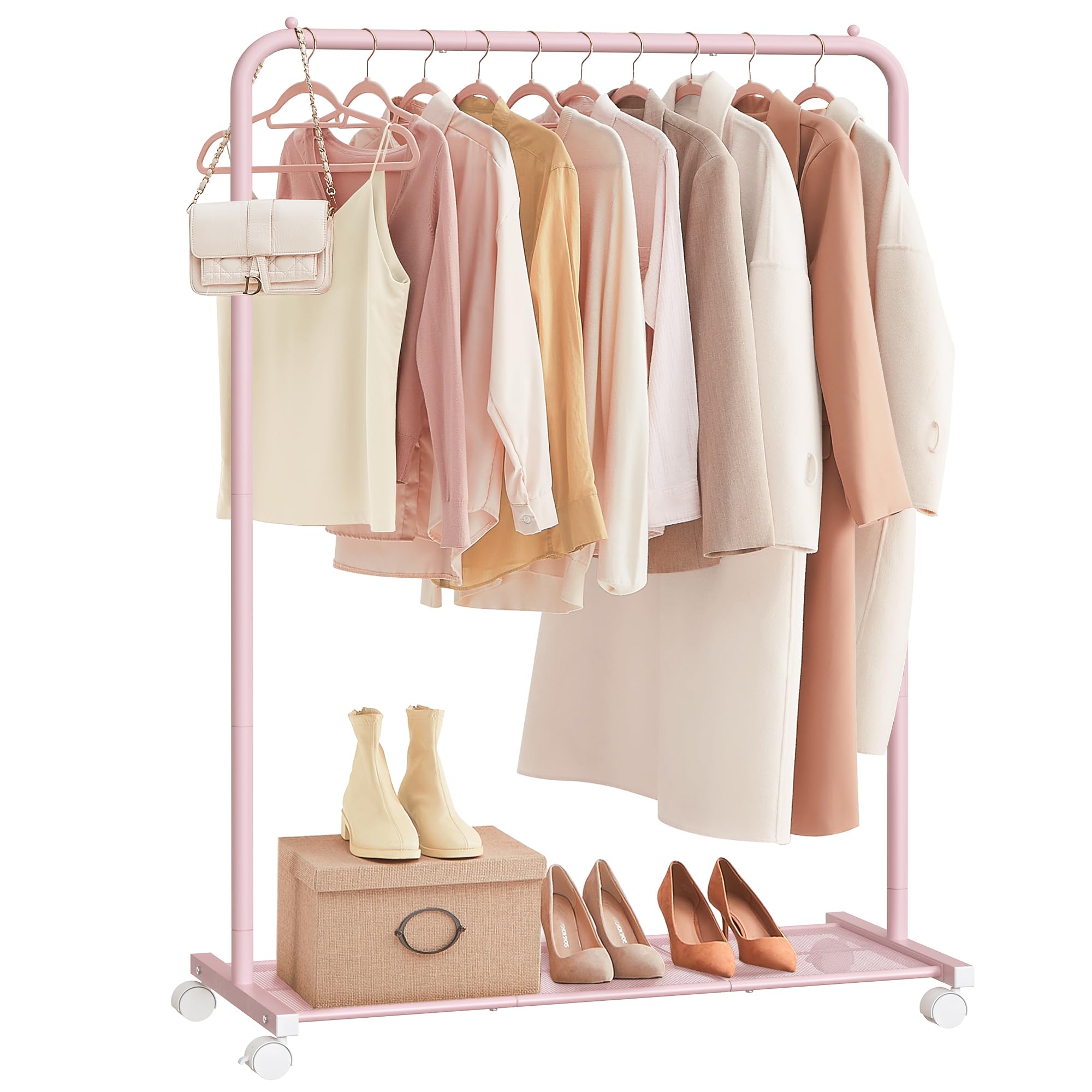 SONGMICS Clothes Rack on Wheels, Metal Clothing Rail for Bedroom, 91 cm Long Hanging Rail, with Storage Shelf, 2 Lockable Wheels, Holds up to 40 kg, Jelly Pink