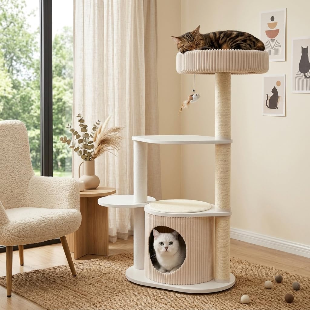 GOPLUS Arbre a Chat Interieur 105cm avec Condo, Perchoir, Planche à Gratter | Tour de Jeux pour Chat à 4 Niveaux avec 3 Poteaux à Griffoir en Sisal, 3 Plateforme, Coussin Amovible, Jouet Souris Suspendu