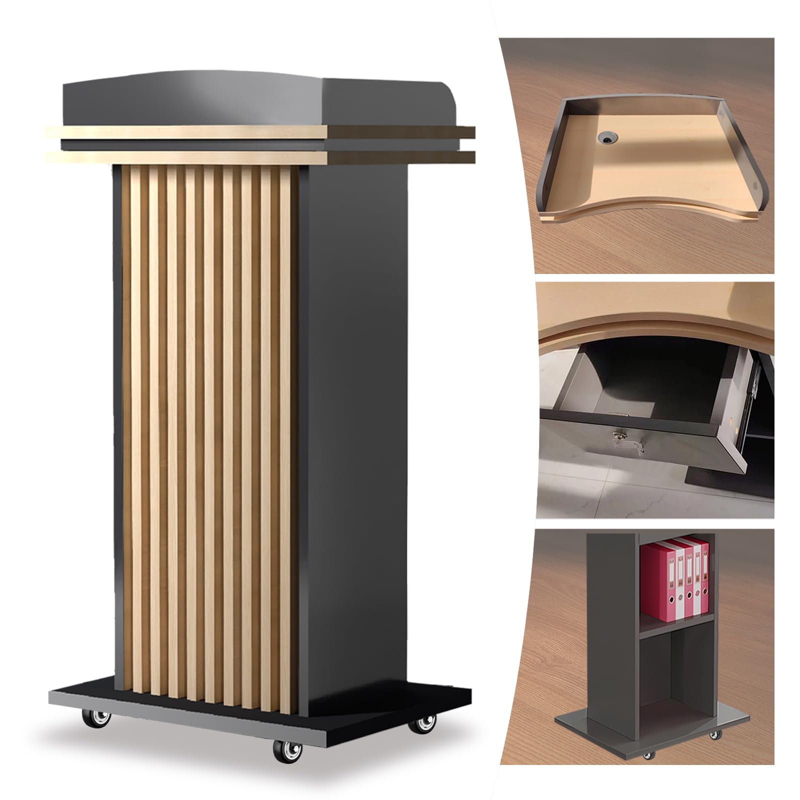 Wooden Podium - Durable, Podium with Silent Wheels & Locking Drawers, Large 2-Tier Storage, Sturdy & Wide Base | Dark Gray Hostess Stand Ideal for Church, School, Lectures